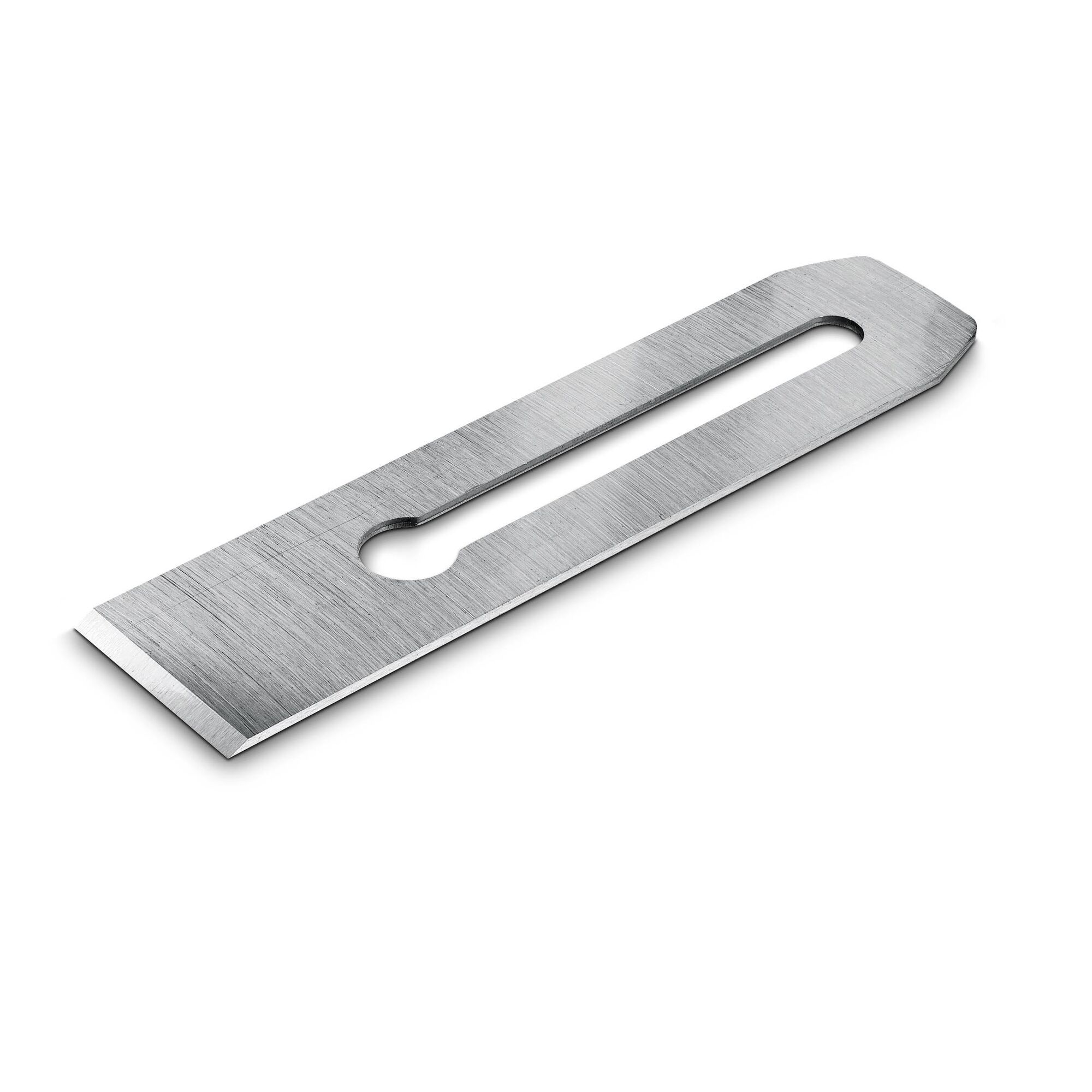 STANLEY 1-12-313 replacement plane blade, silver steel, angled view, flat on white background.