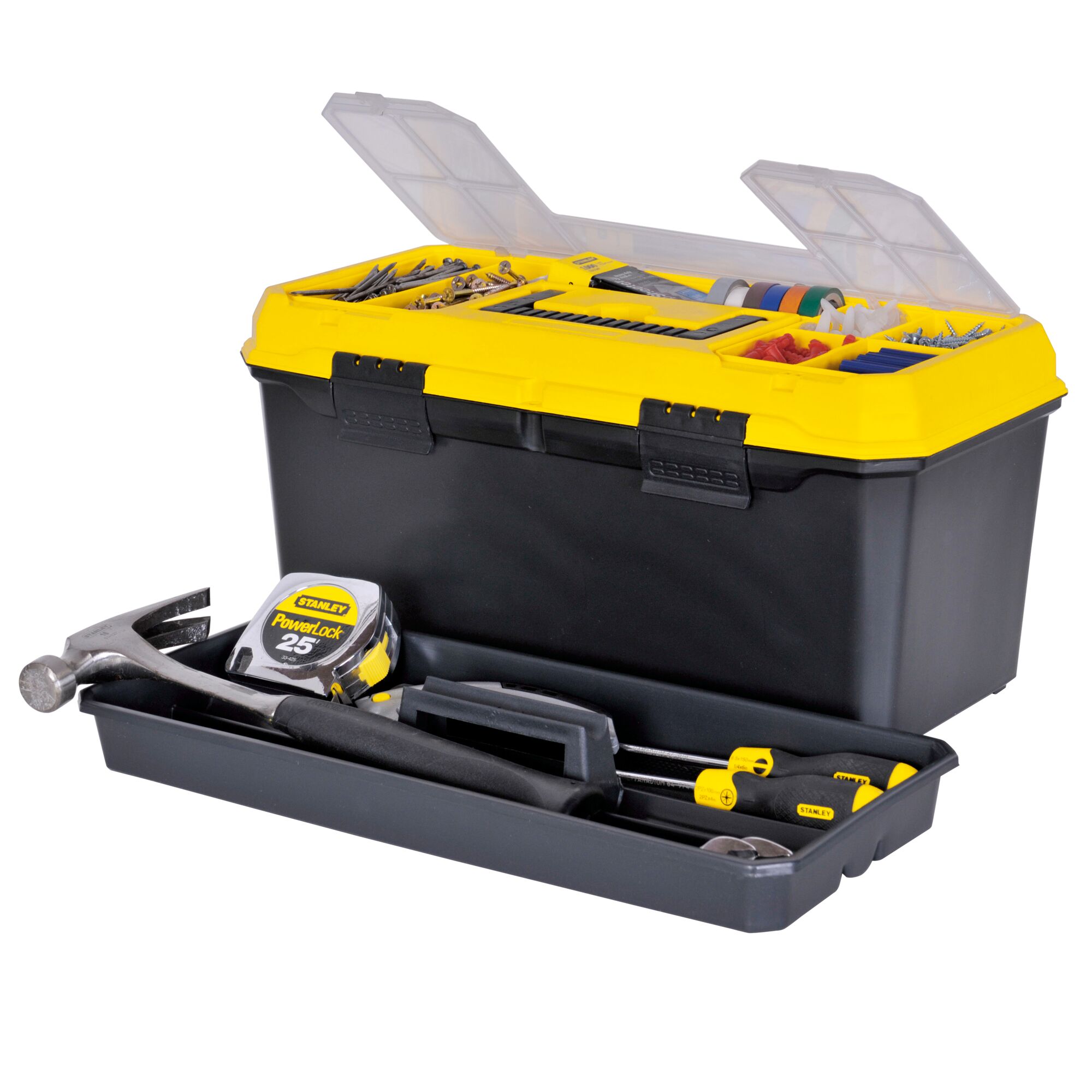 STANLEY 1-71-950 toolbox with yellow lid, black body, top organizers, open front angle with tools inside.