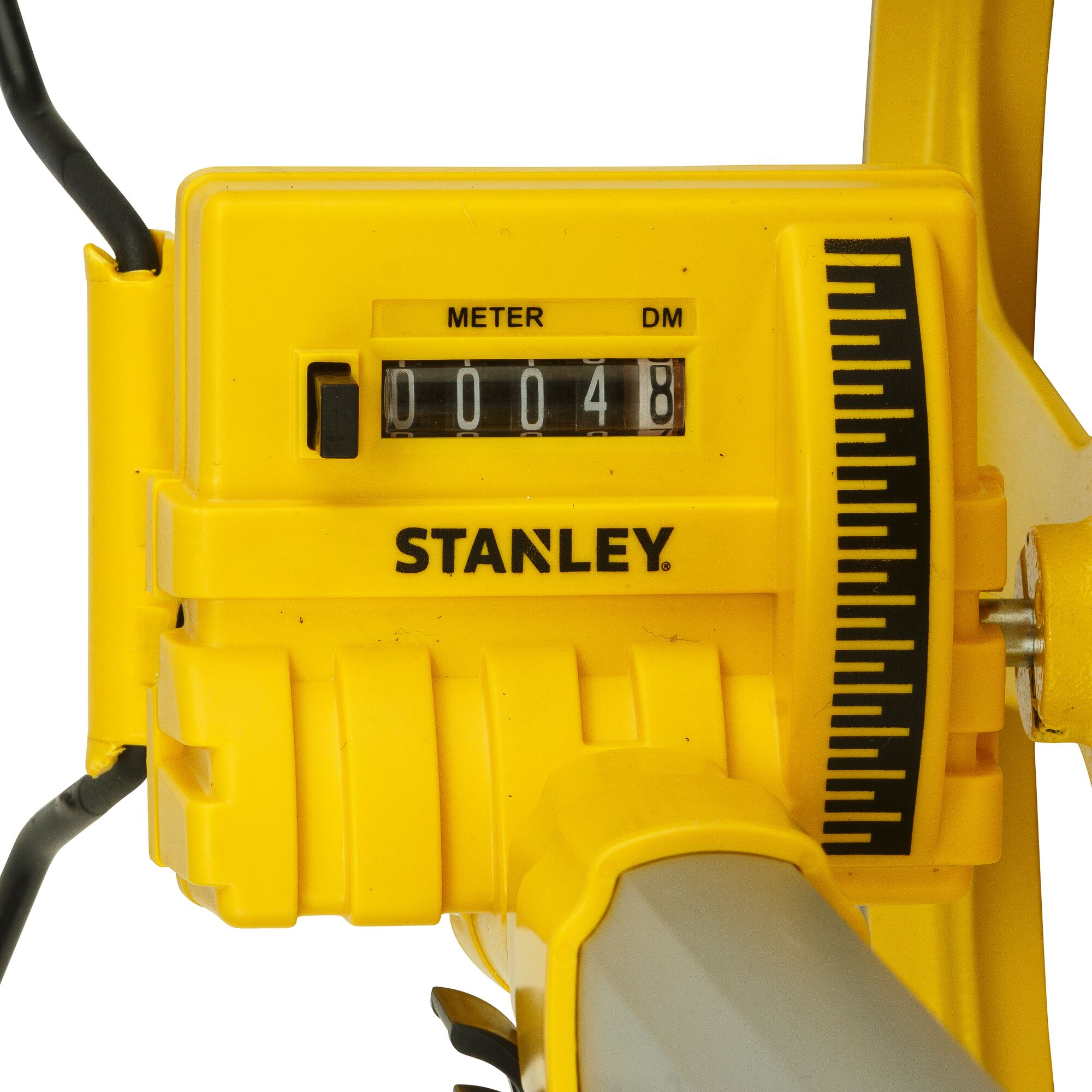 STANLEY 1-77-174 yellow distance measurement wheel, close-up, showing meter counter and black markings.