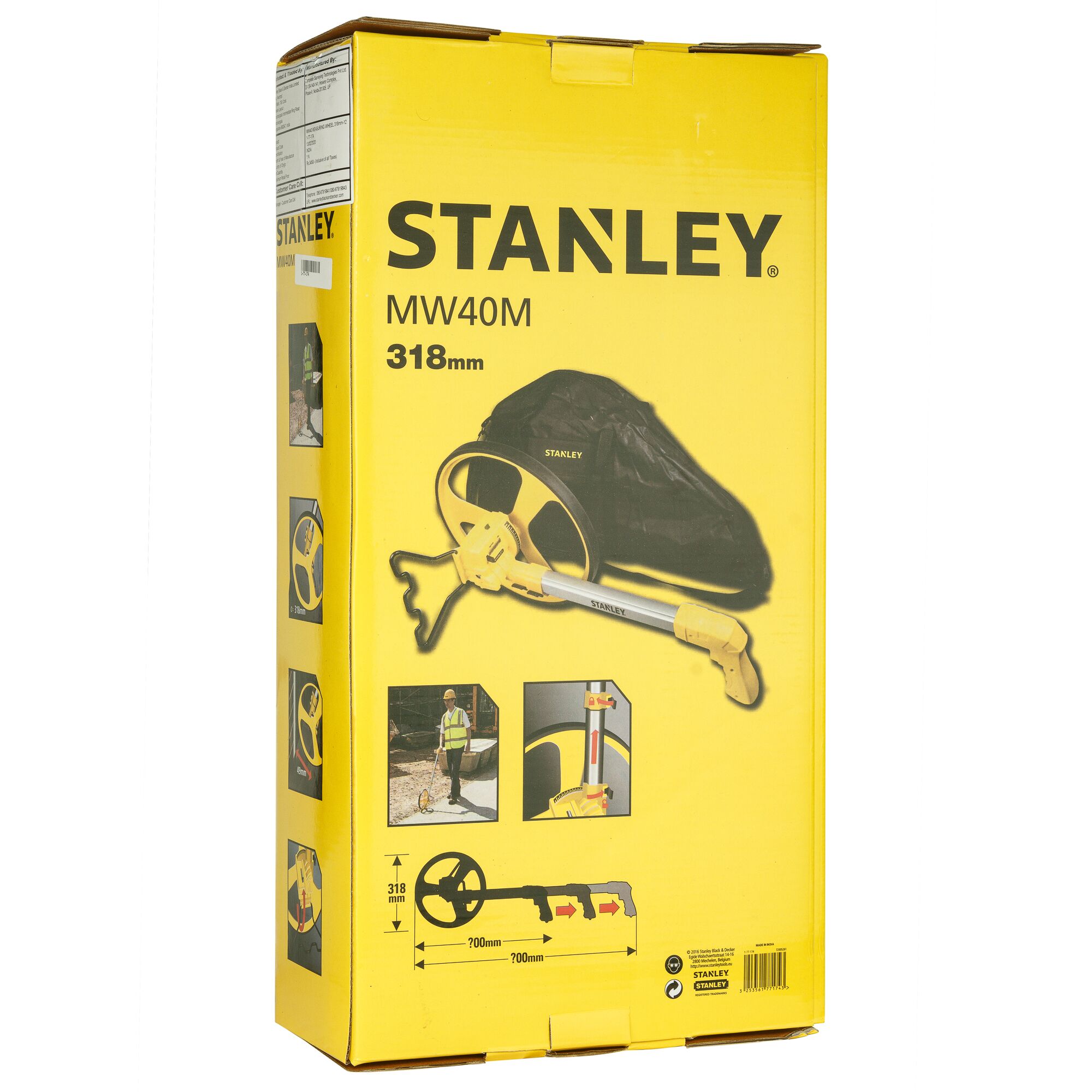 Photo of STANLEY 1-77-174 MW40M measuring wheel box, yellow packaging with product images and specifications.