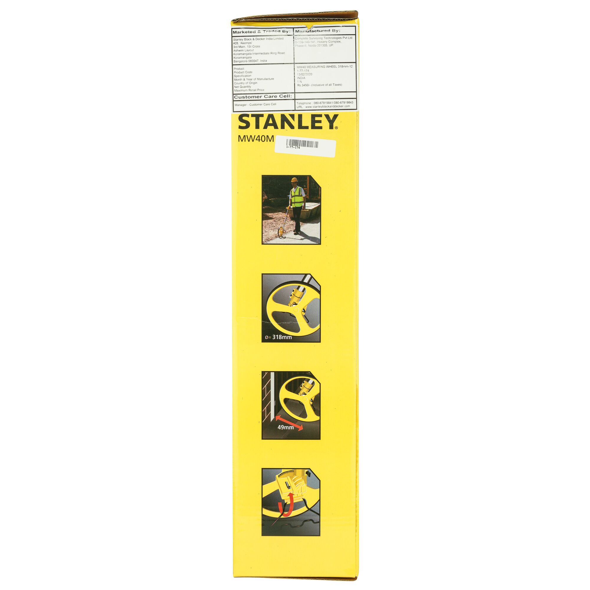 STANLEY MW40M 1-77-174 measuring wheel product box, yellow with feature images, side angle.