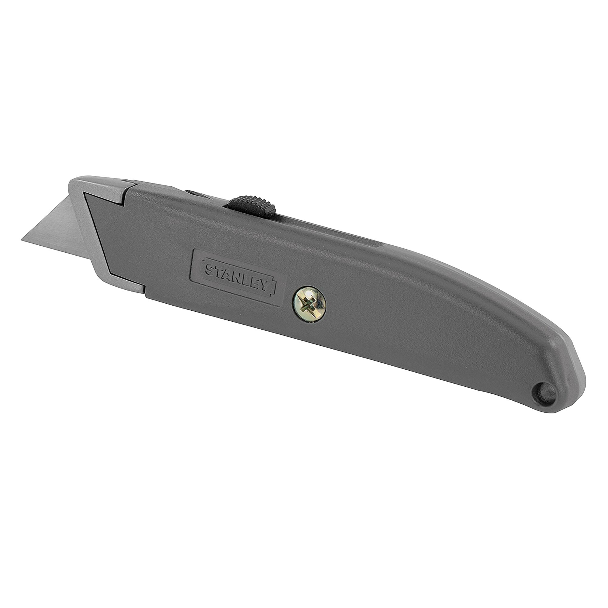 STANLEY 10-175 utility knife, gray metal body, exposed blade, left-side product angle on white background.