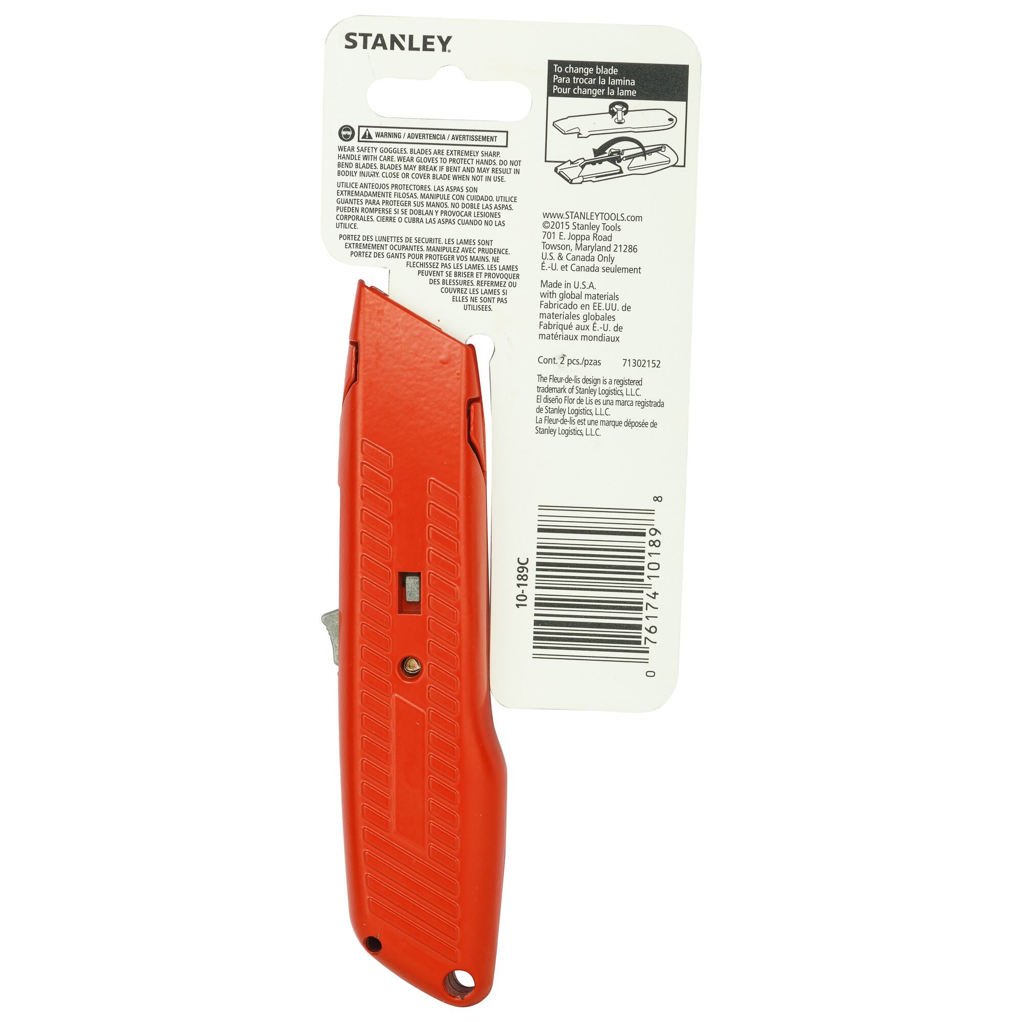 Stanley 10-189C utility knife in red, rear angle on white background, packaged with instructions.