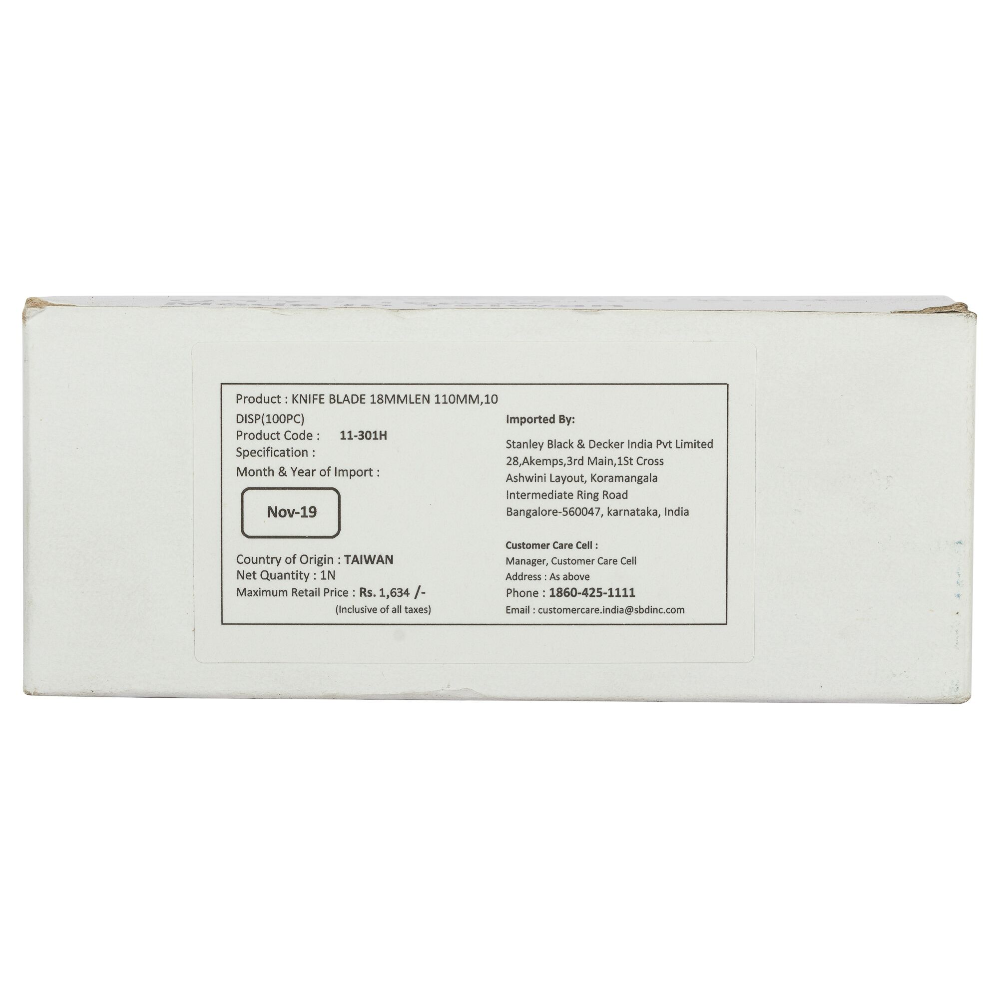Stanley 11-301H knife blade box, white packaging, product info and import details, rear side view.