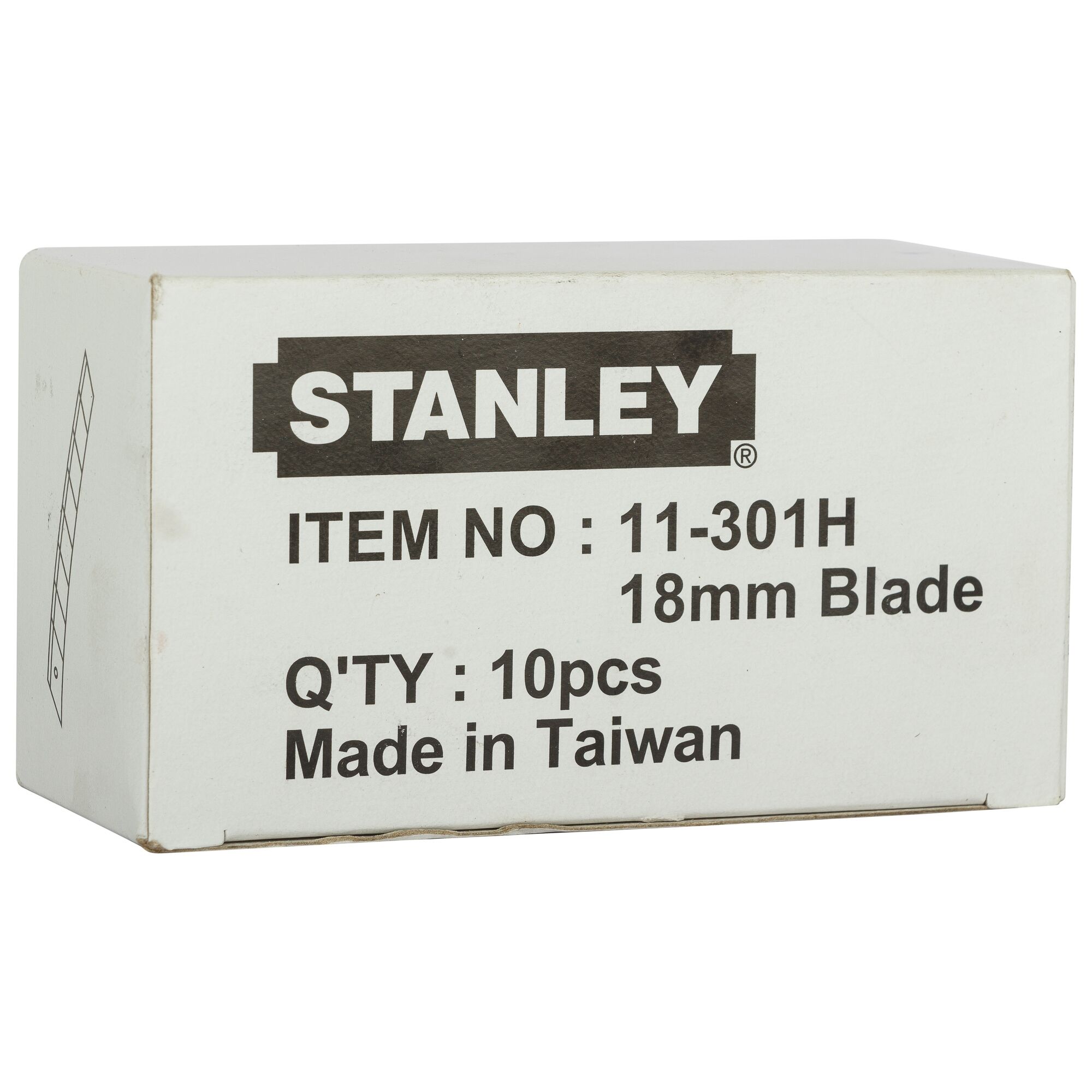 Photo of STANLEY 11-301H box, 18mm blade, product packaging front angle.