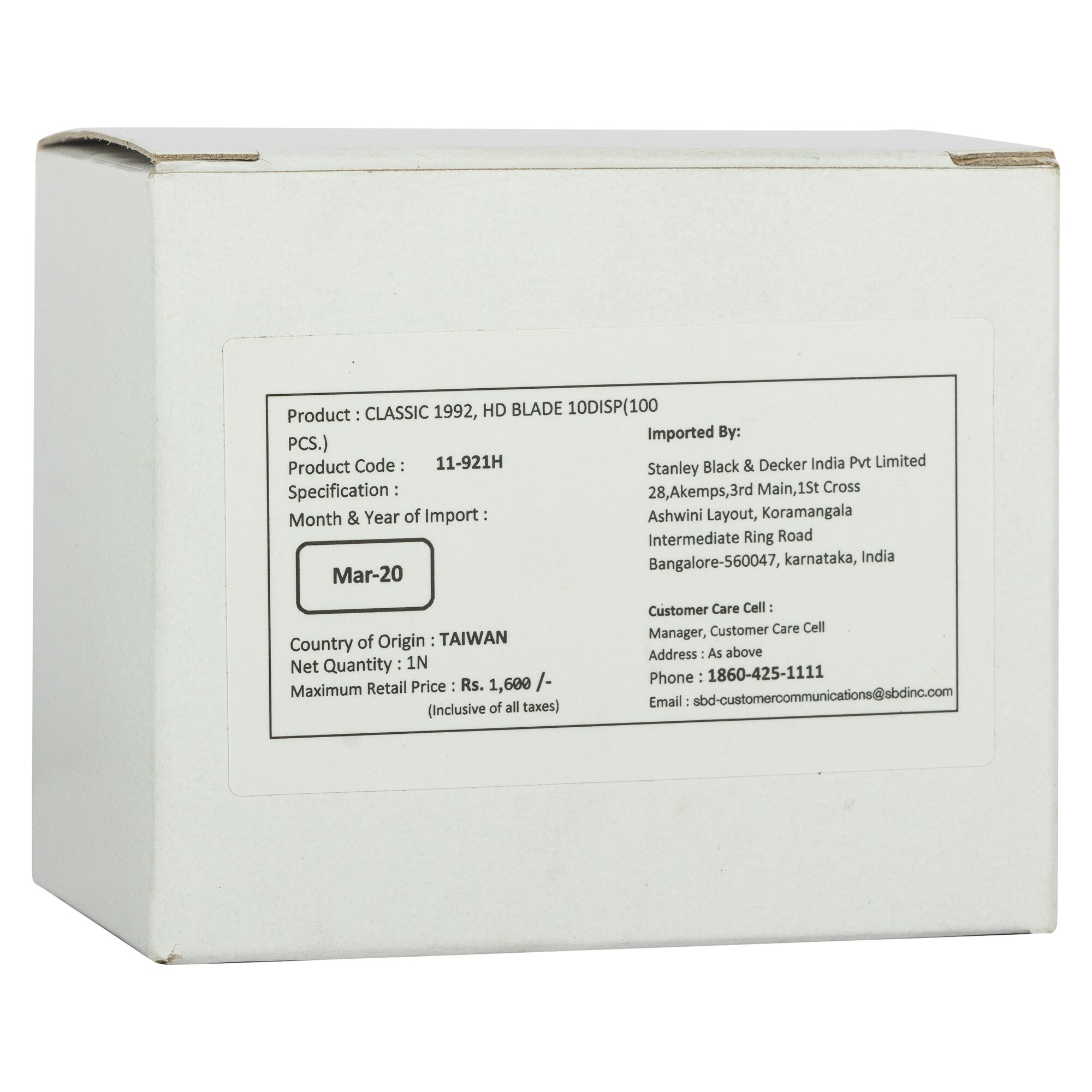 Stanley 11-921H product packaging, white box with printed label showing product details, viewed from the back.