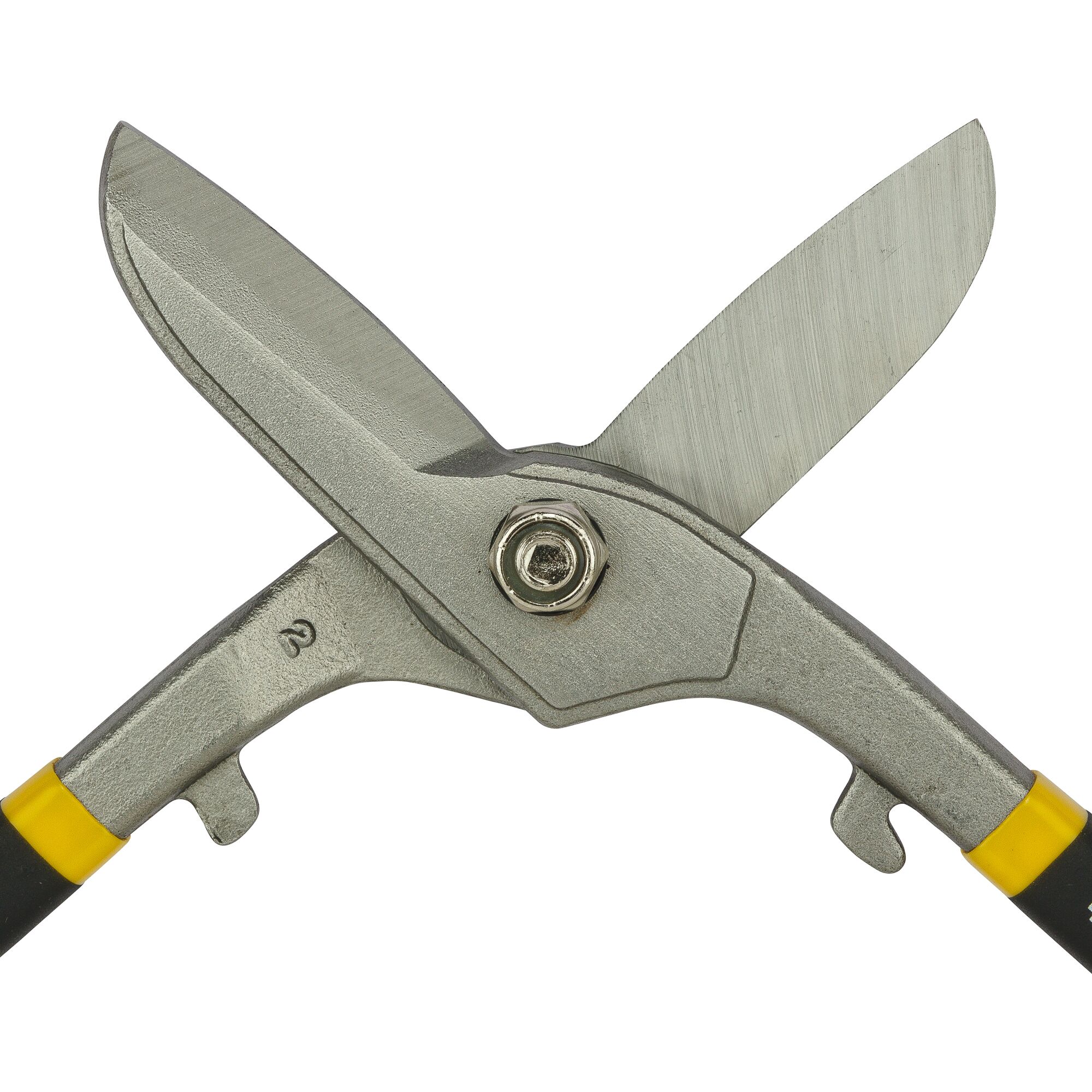 STANLEY 14-163 metal cutting snips, close-up showing silver blades and yellow-black handles, front angle.