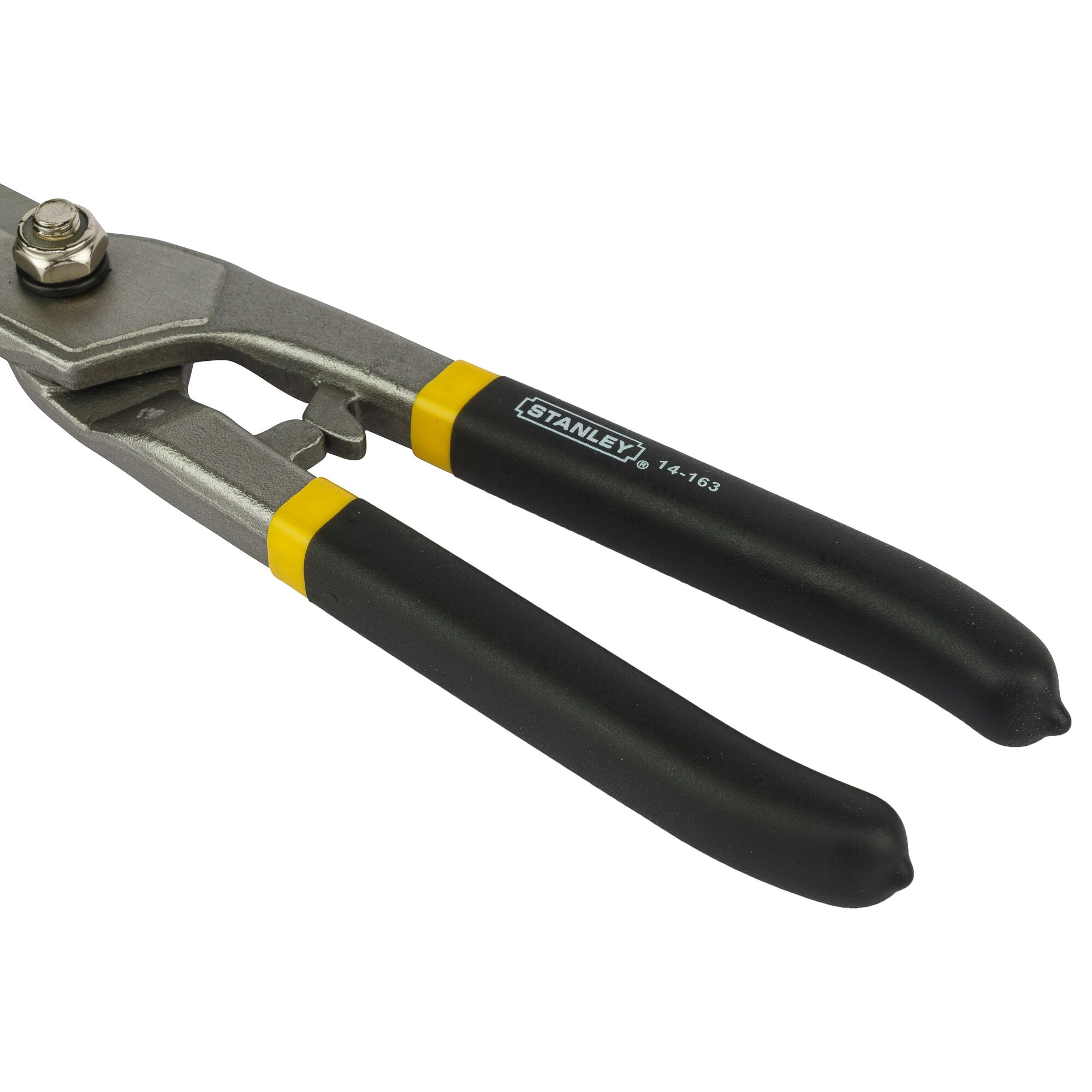 STANLEY 14-163 aviation snip with black and yellow handles, angled view on white background.
