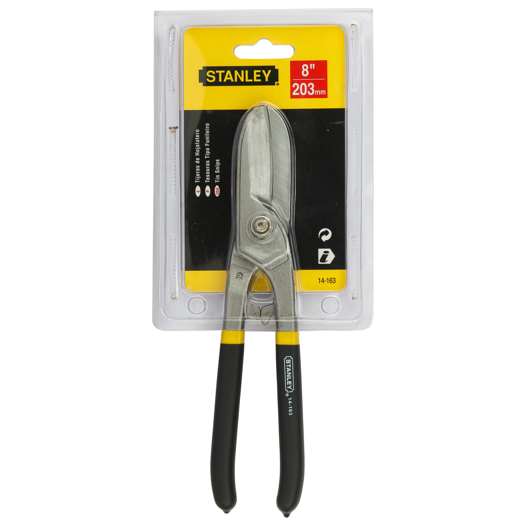 Photo of STANLEY 14-163 tin snips with black and yellow handles in retail packaging, front angle.