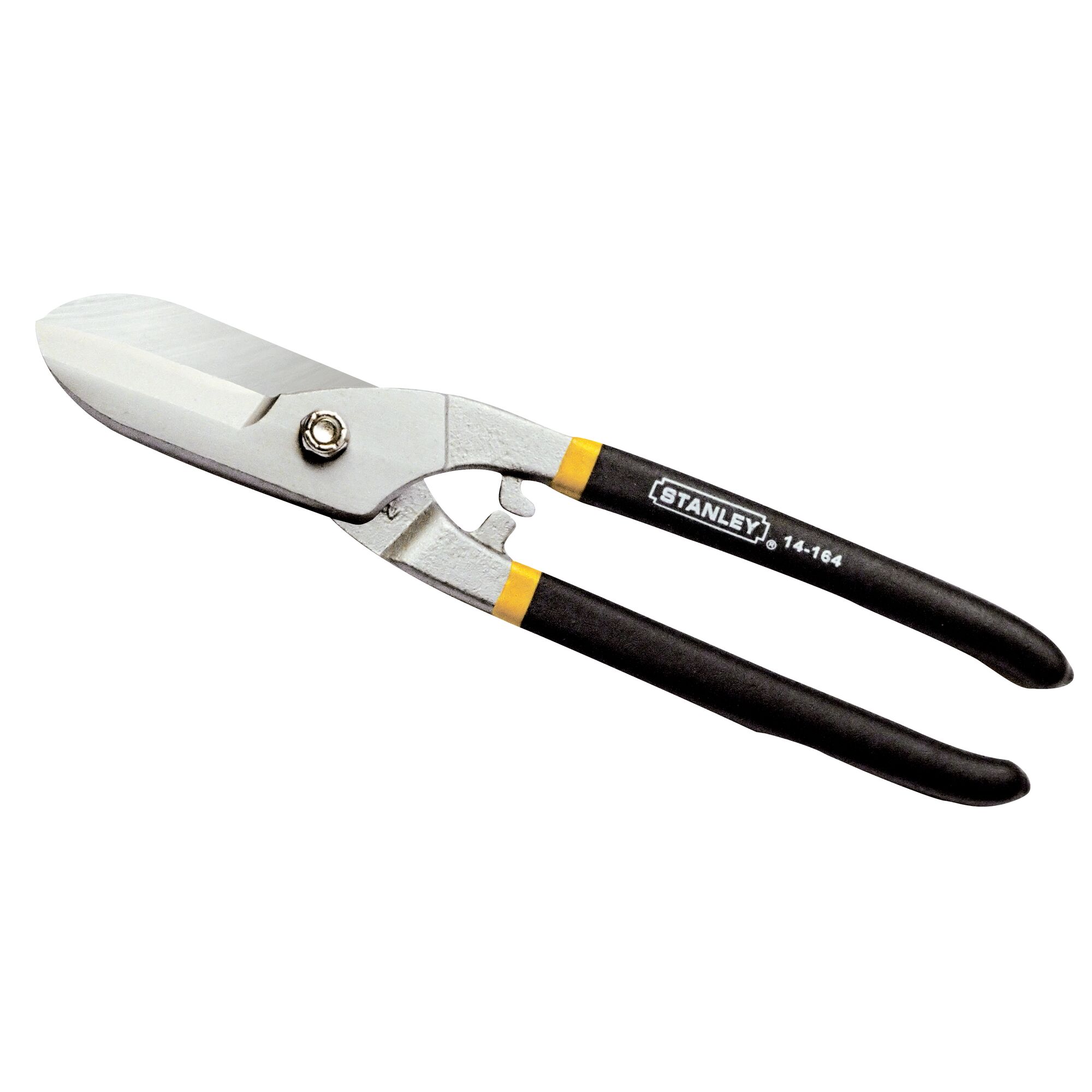 STANLEY 14-164 straight cut tin snip with black and yellow handles, angled product view.