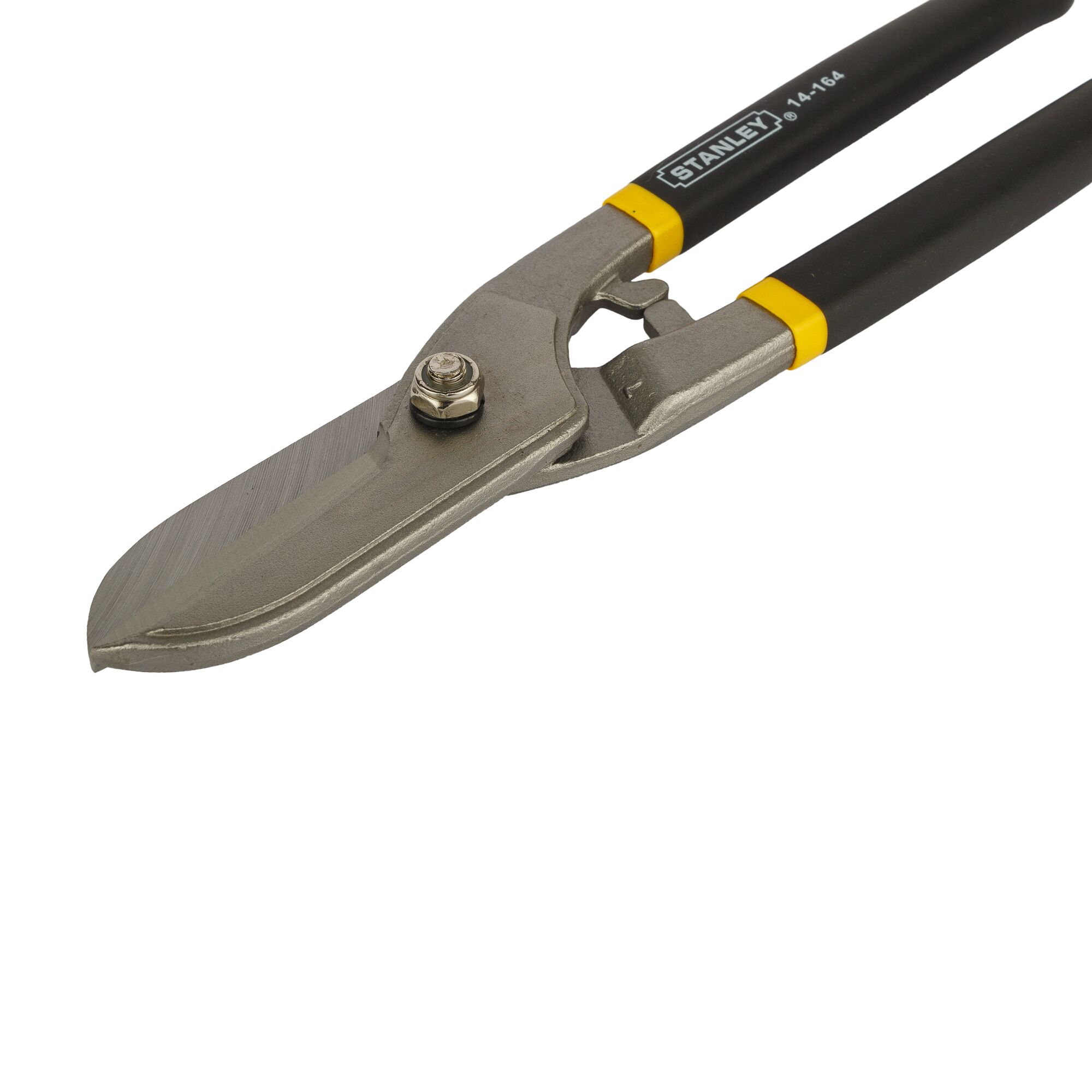 STANLEY 14-164 metal cutting snips with black and yellow handles, angled front view on white background.