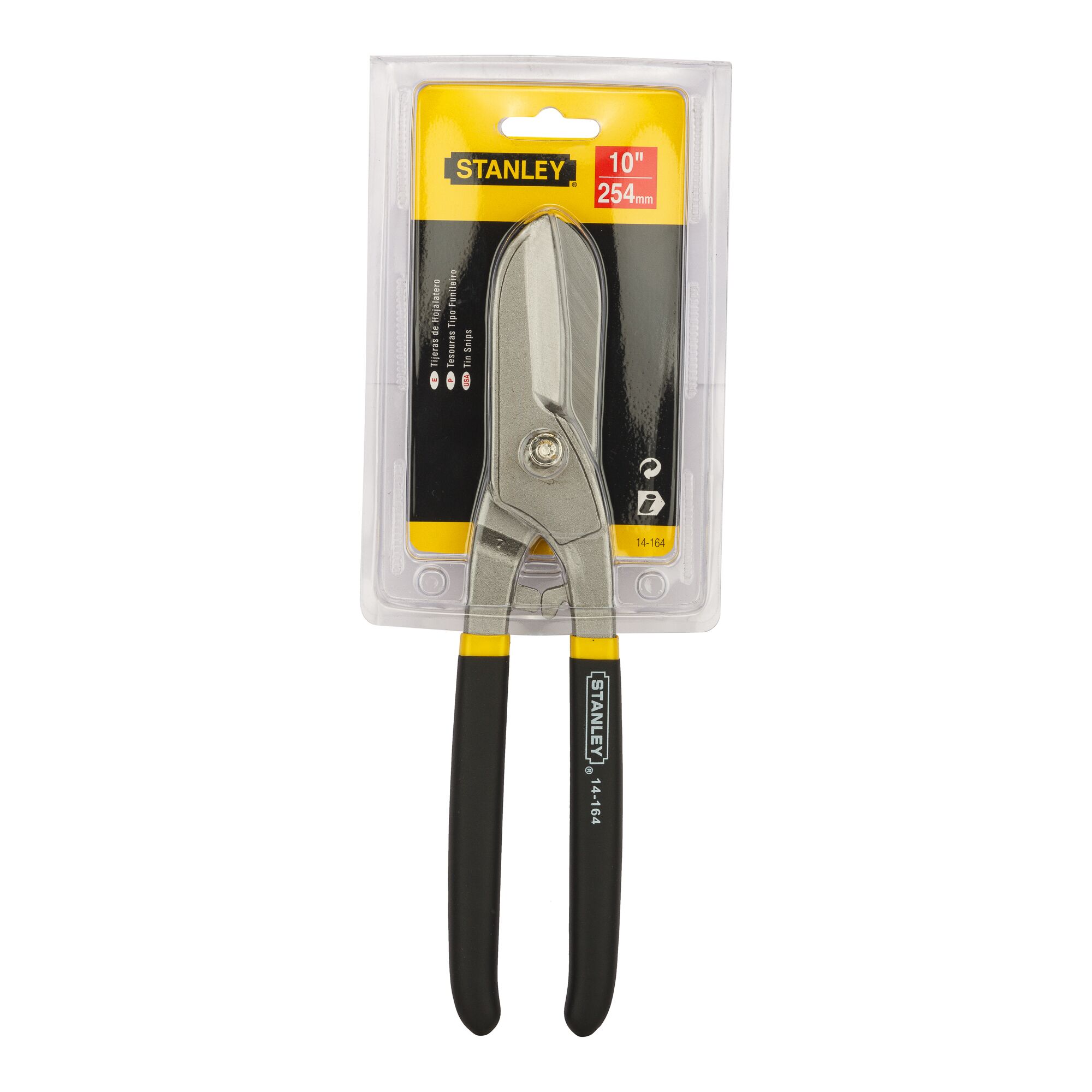 STANLEY 14-164 tin snips with black handles, 10 inch, front angle in packaging.
