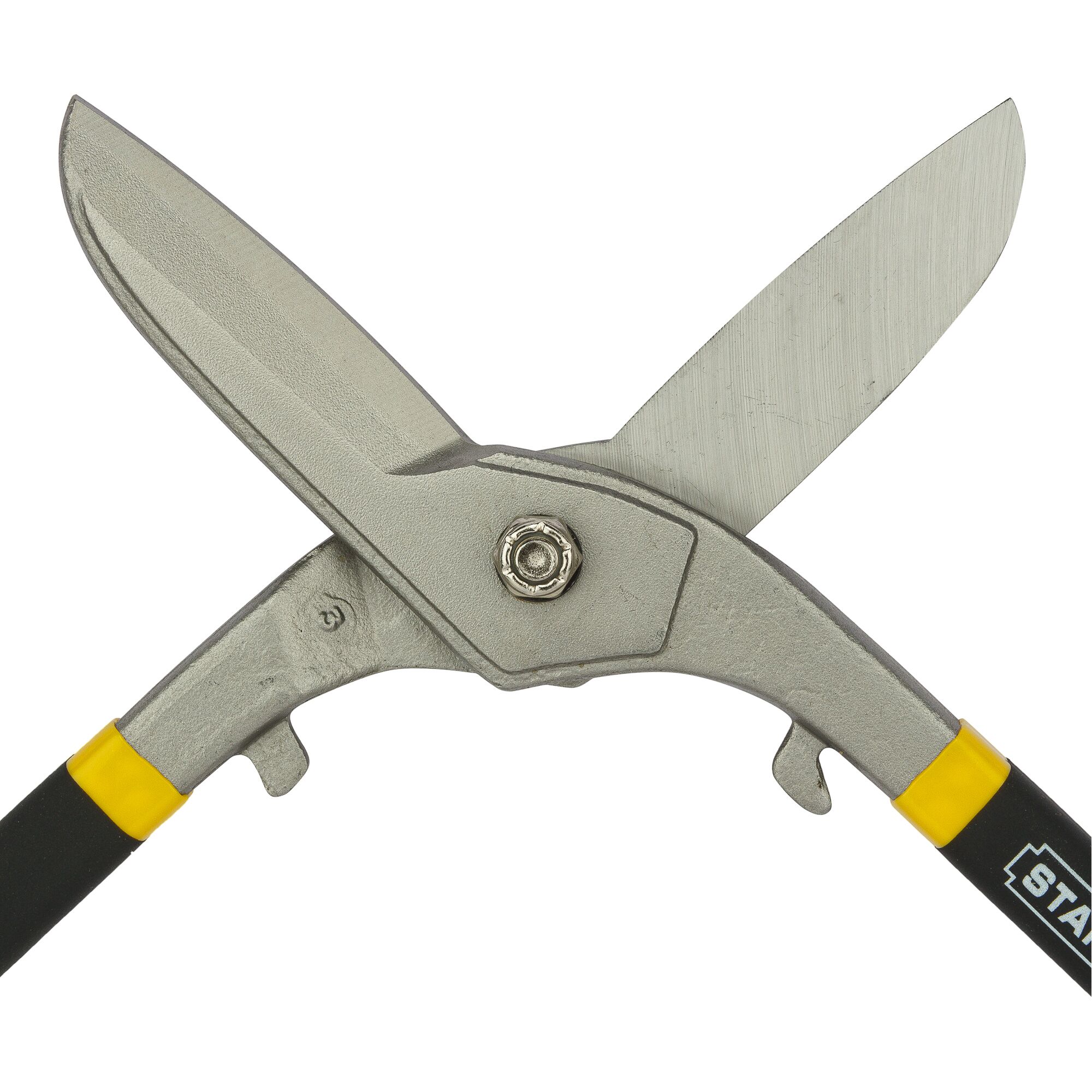 STANLEY 14-165 metal cutting shears, close-up on open silver blades and black handles, product photography on white background.