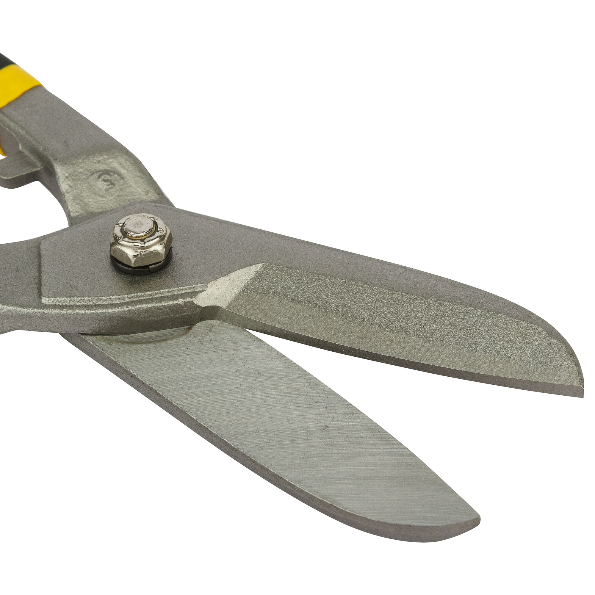 Photo of STANLEY 14-165 metal cutting snips, close-up angle, silver blades and bolt on white background.