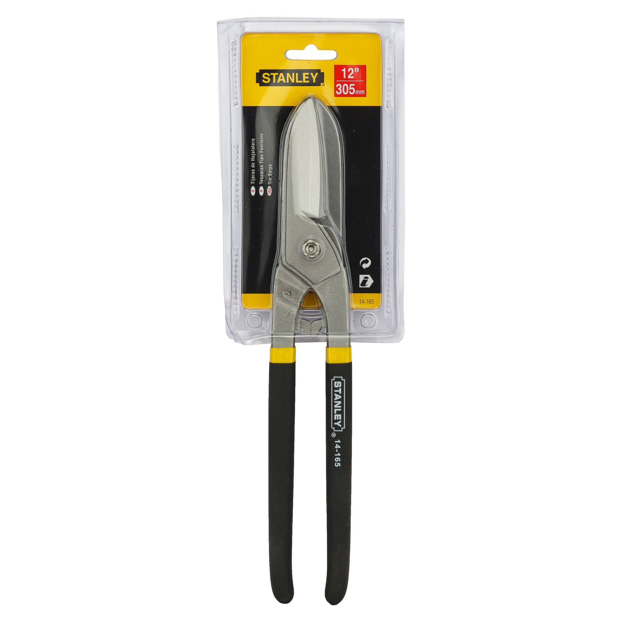 Photo of STANLEY 14-165 straight tin snips with black and yellow handles, 12 inch, packaged on white background.