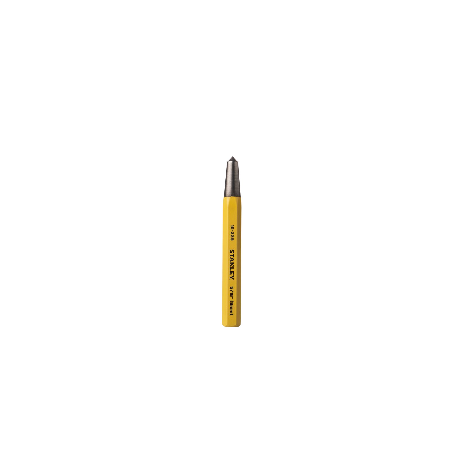 STANLEY 5/16 inch (8mm) cold chisel with yellow hexagonal body and black tip, side angle on white background.