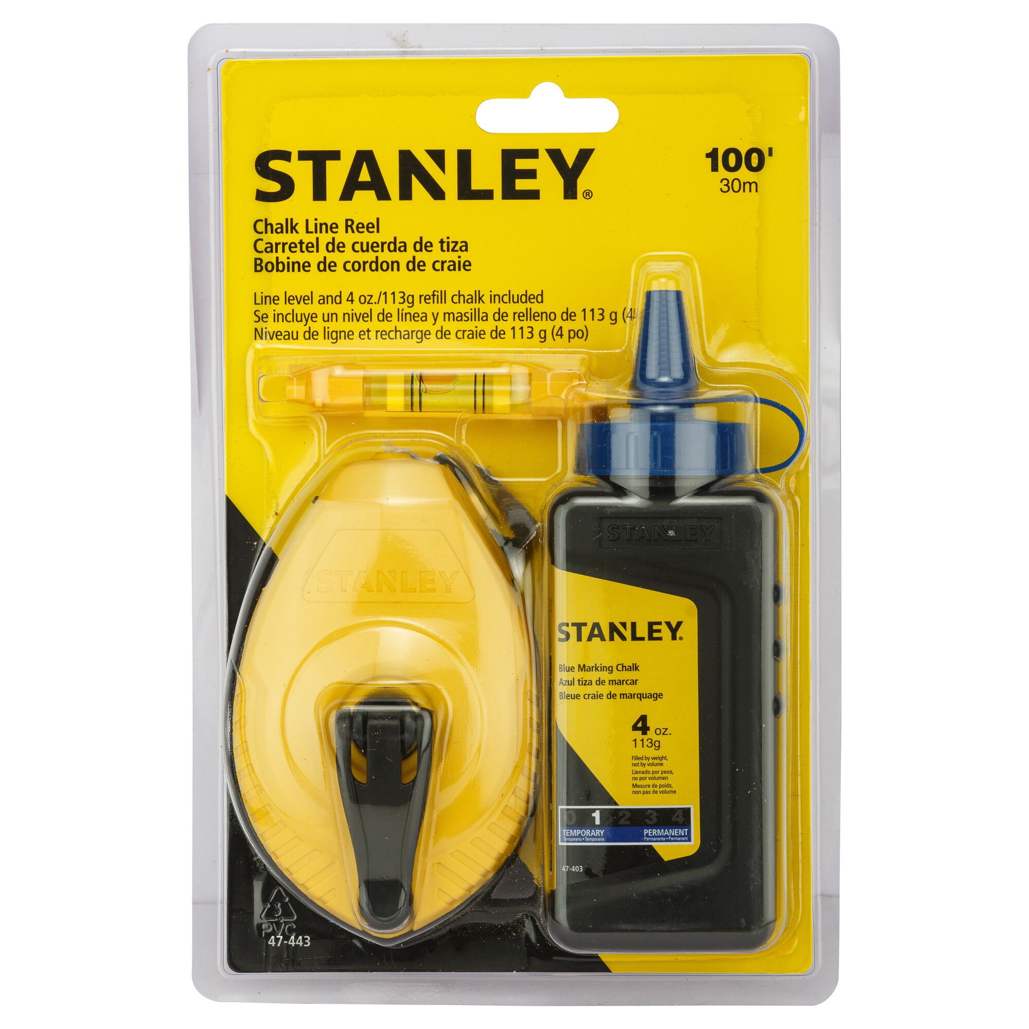 STANLEY 47-443 chalk line reel kit with yellow reel, blue chalk bottle, and line level in retail packaging, front view.