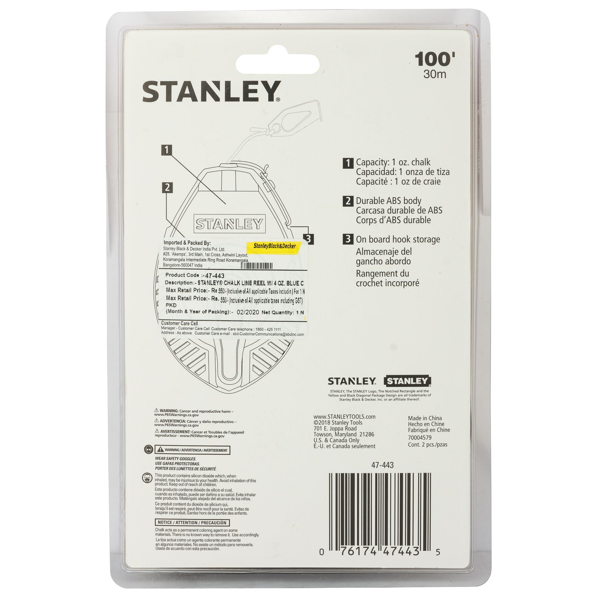 STANLEY 47-443 chalk line reel packaging back, showing product features, instructions, and barcode.
