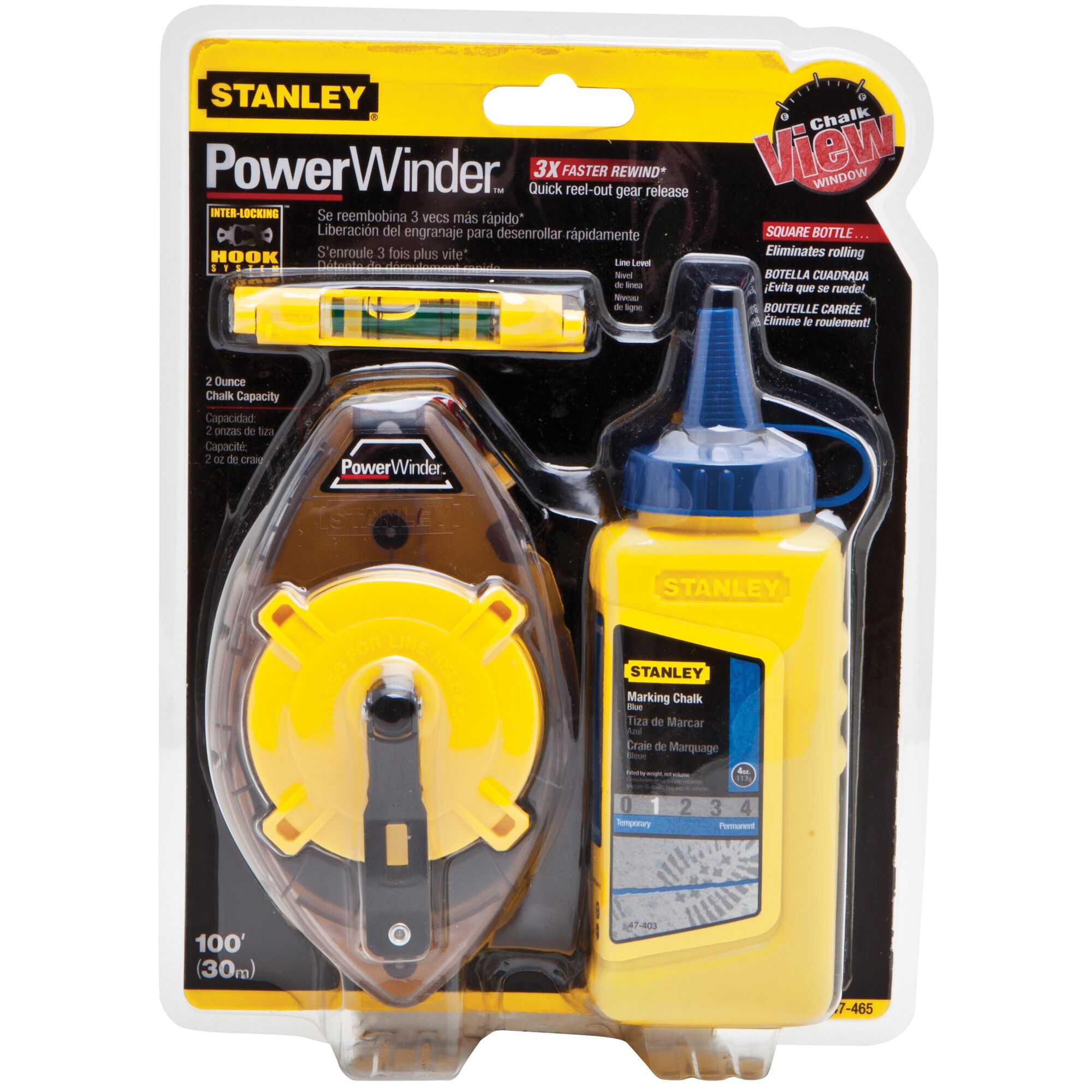 STANLEY 47-465 chalk line kit, includes yellow chalk bottle, chalk line reel, and small level, photography, front angle.