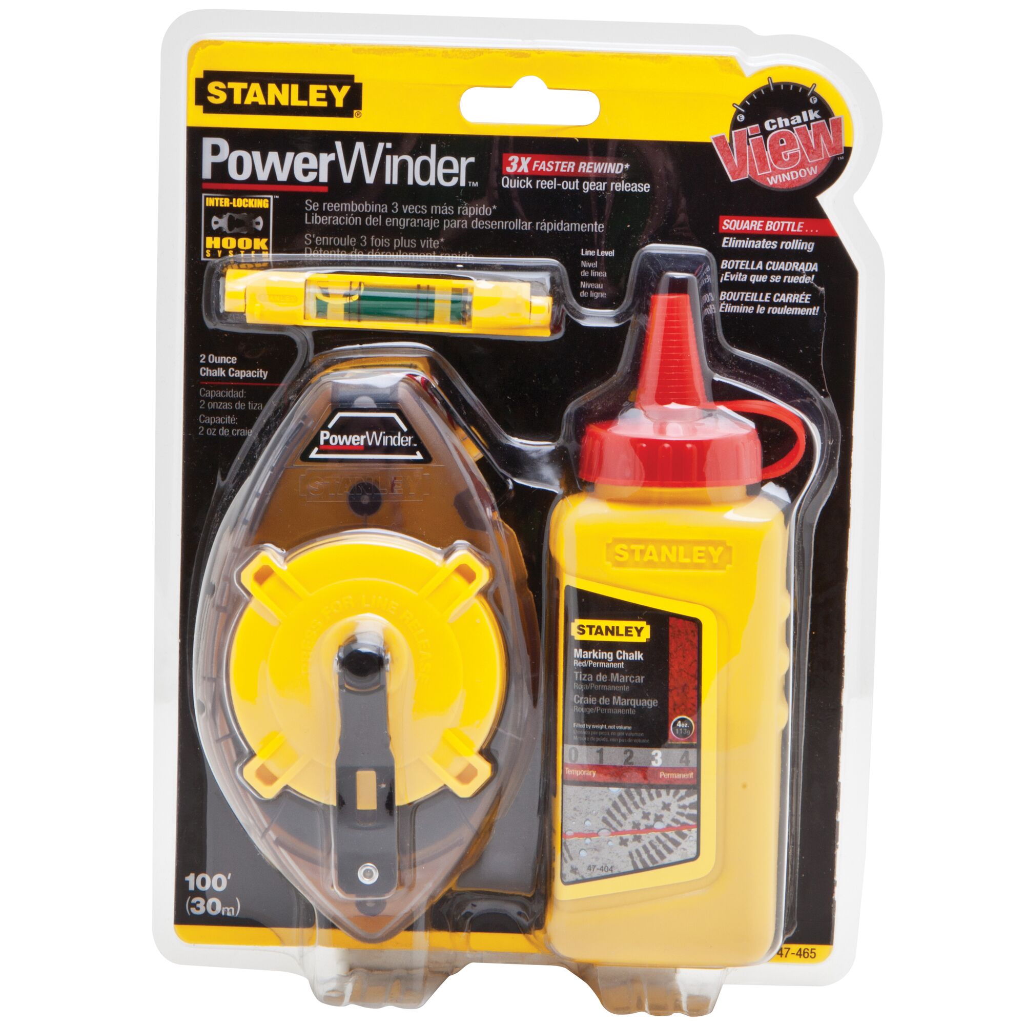 STANLEY 47-465 chalk line and bottle set, yellow and black, photo of packaging, front angle.