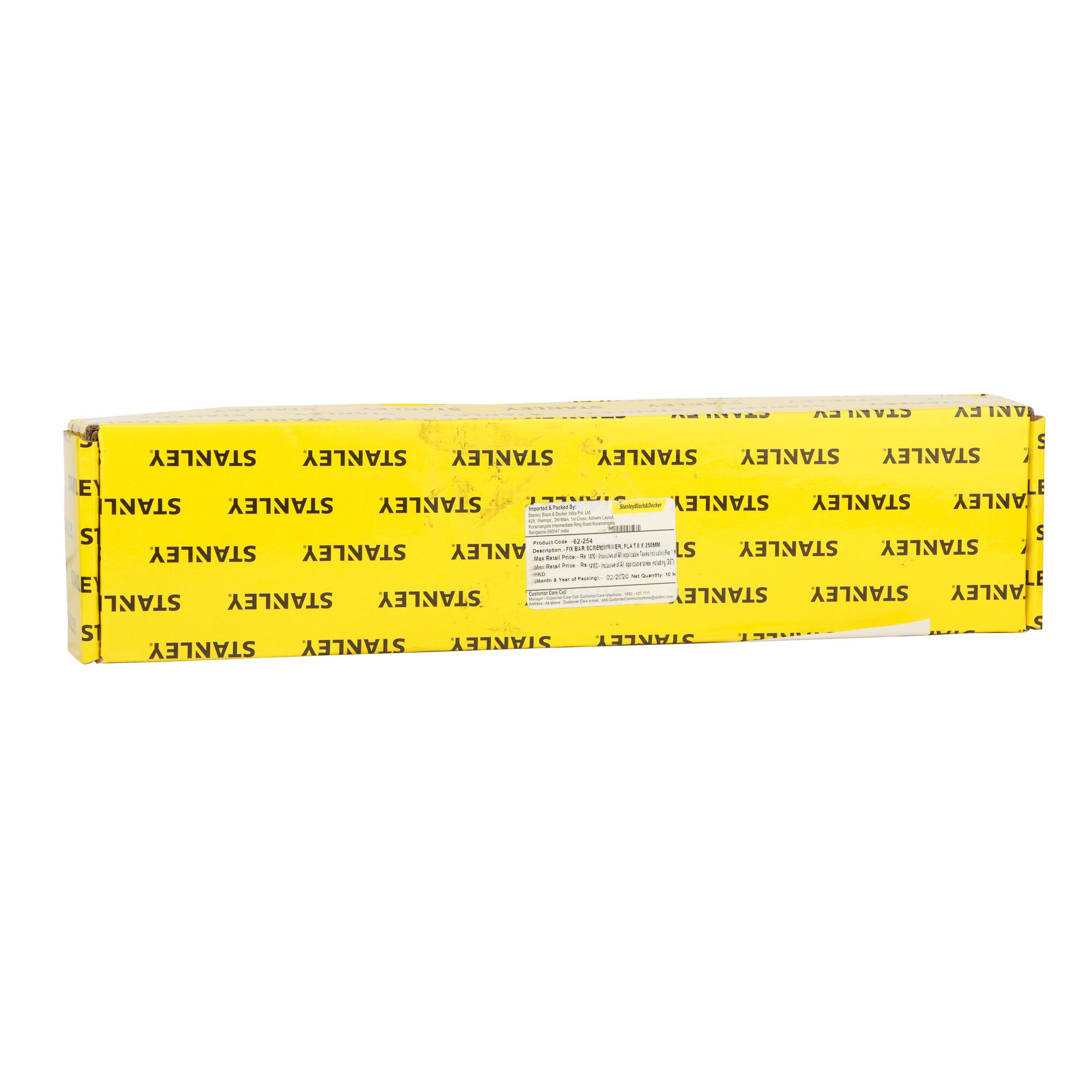 STANLEY 62-254 photography of yellow rectangular box with STANLEY branding, side angle, white background.