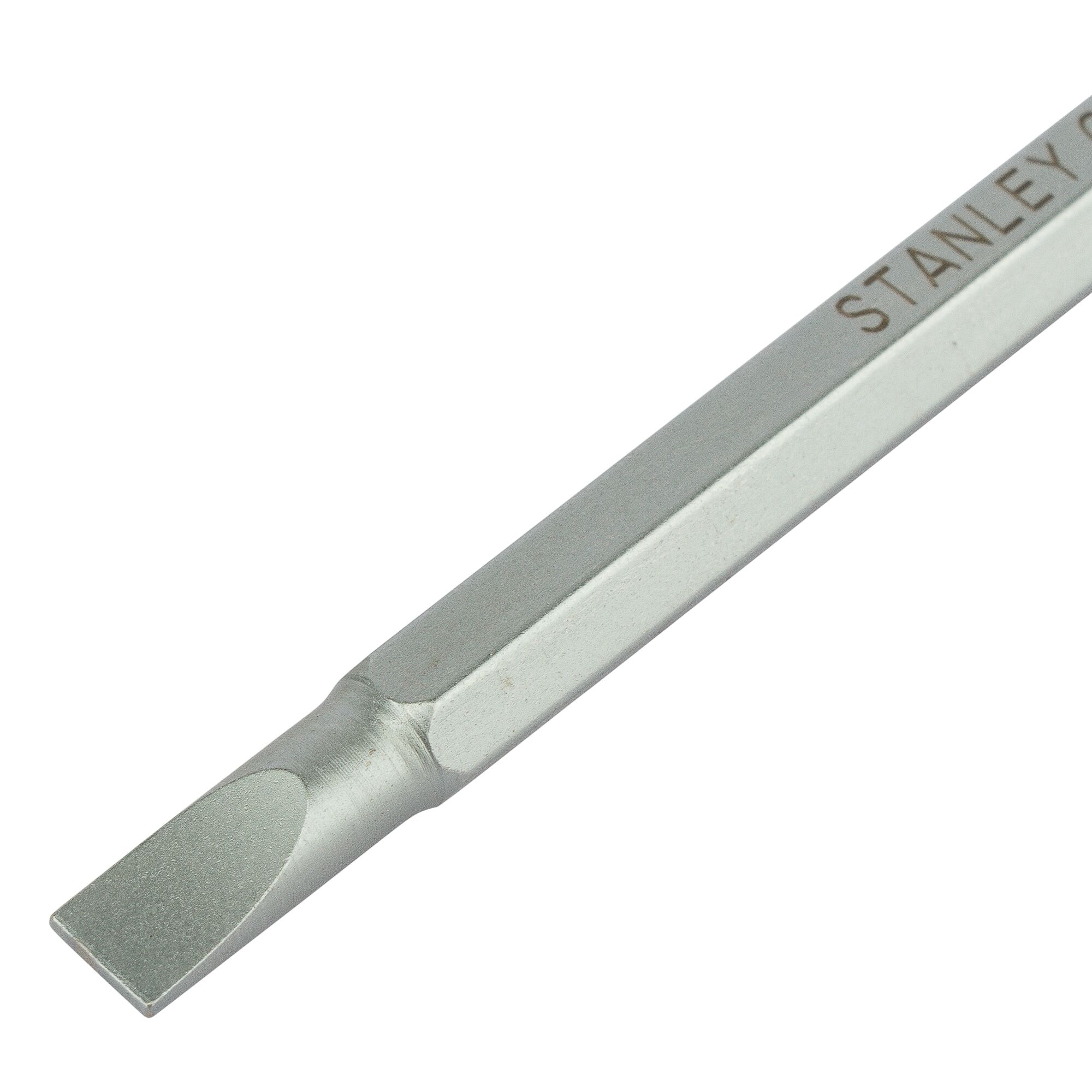 STANLEY SKU 65-201 flathead screwdriver shaft, silver metal, angled product photo on white background.
