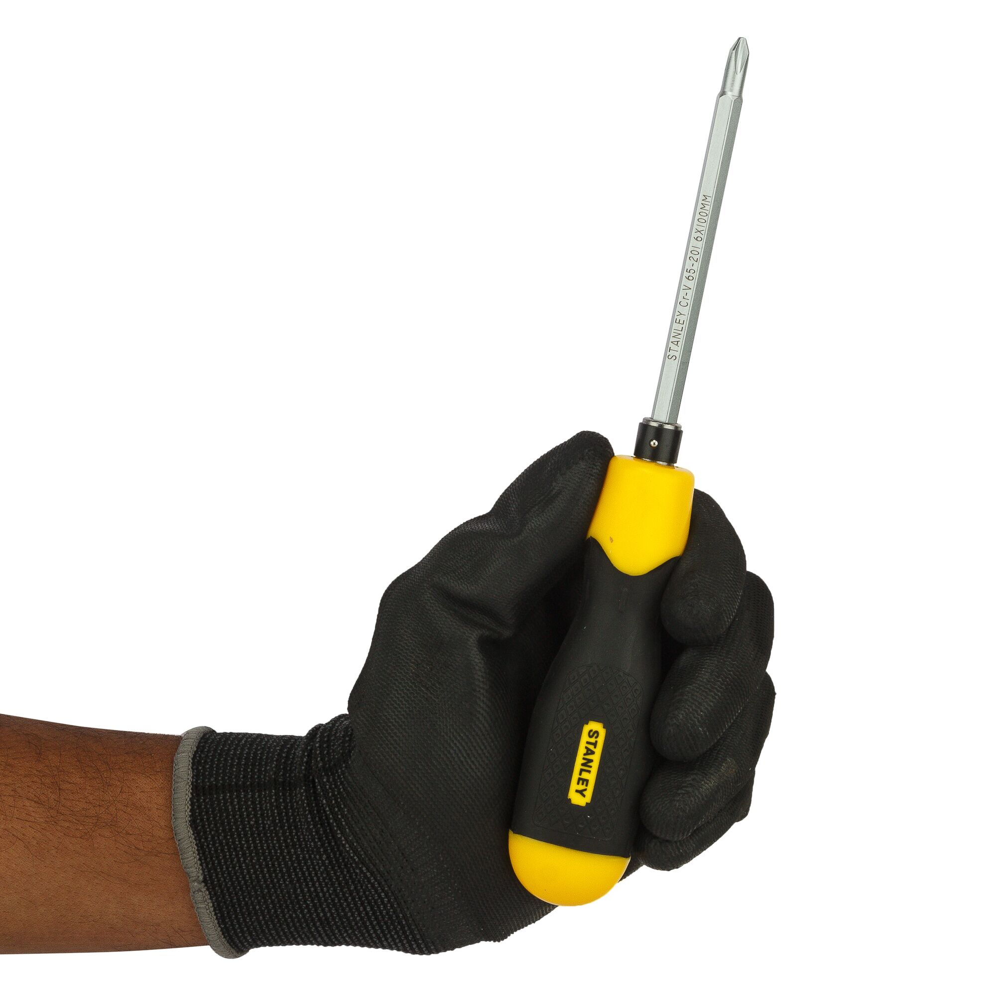 Stanley 65-201 Phillips screwdriver with black and yellow handle held in gloved hand, side angle.