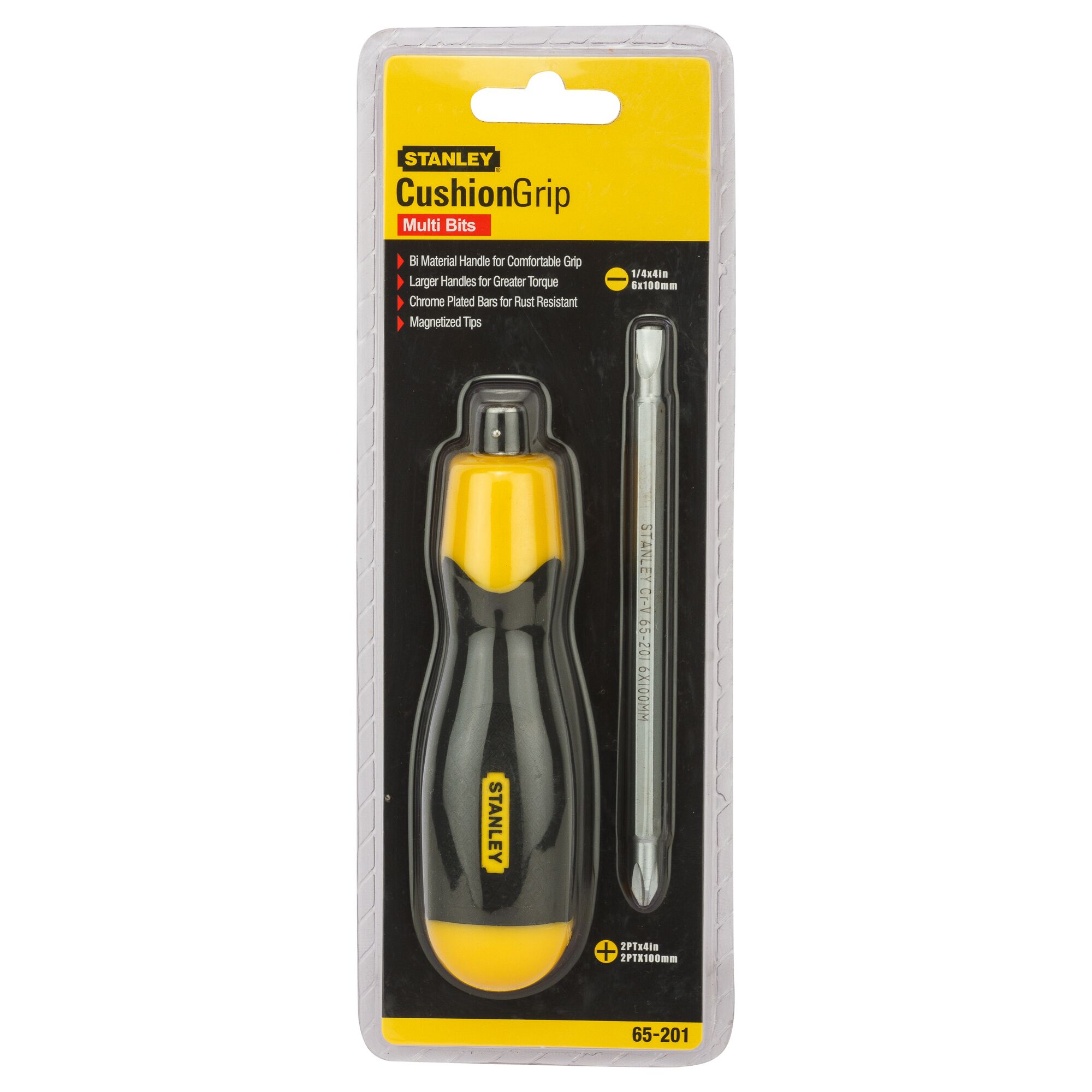 STANLEY 65-201 multi-bit CushionGrip screwdriver set in retail packaging, with black and yellow handle, front angle.