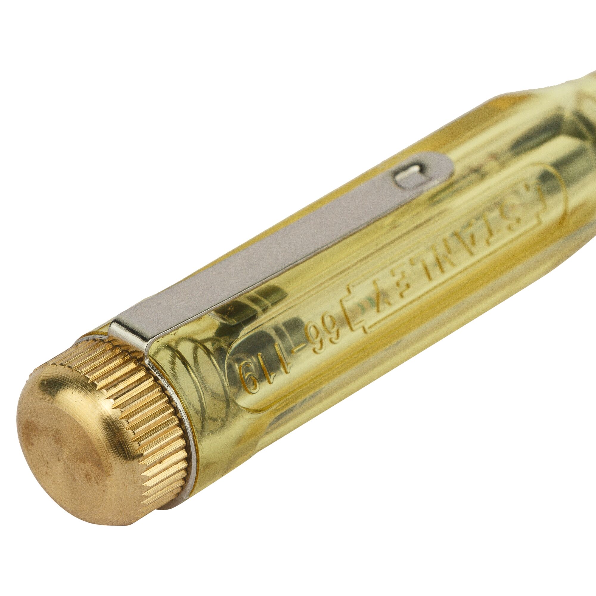 STANLEY 66-119-KR tester screwdriver with yellow transparent handle, metal clip, and brass cap, close-up angle.