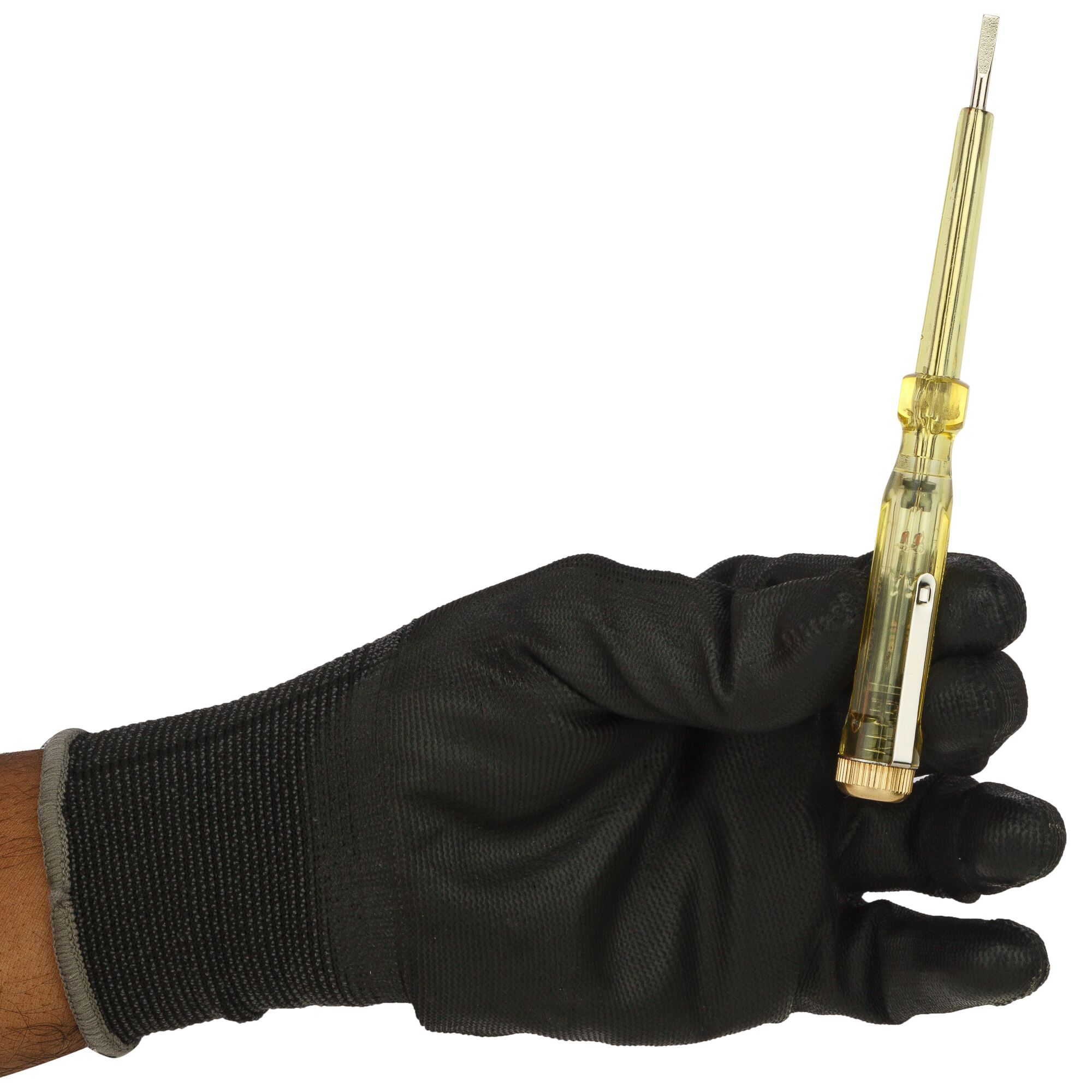 STANLEY 66-119-KR tester screwdriver held in a gloved hand, side angle, transparent yellow handle.