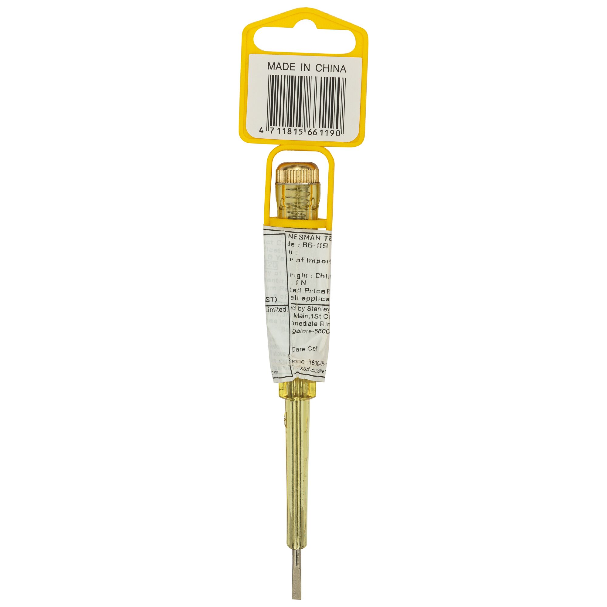 STANLEY 66-119-KR test screwdriver, yellow handle, front view, packaged with barcode tag.