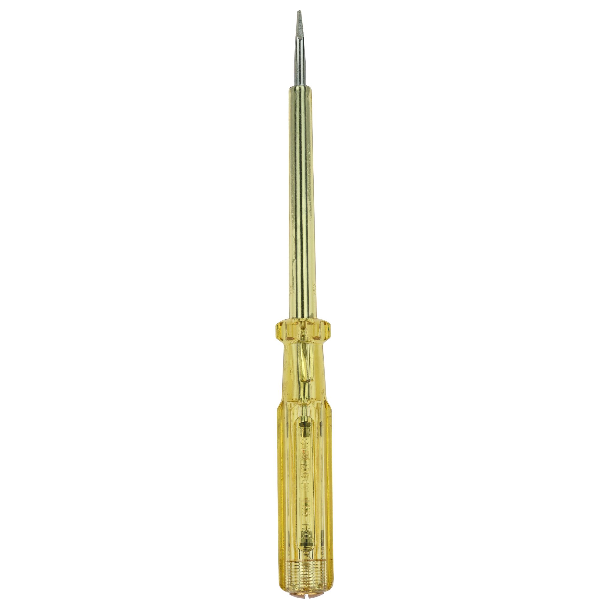 Stanley 66-120 tester screwdriver with transparent yellow handle, straight view on white background.
