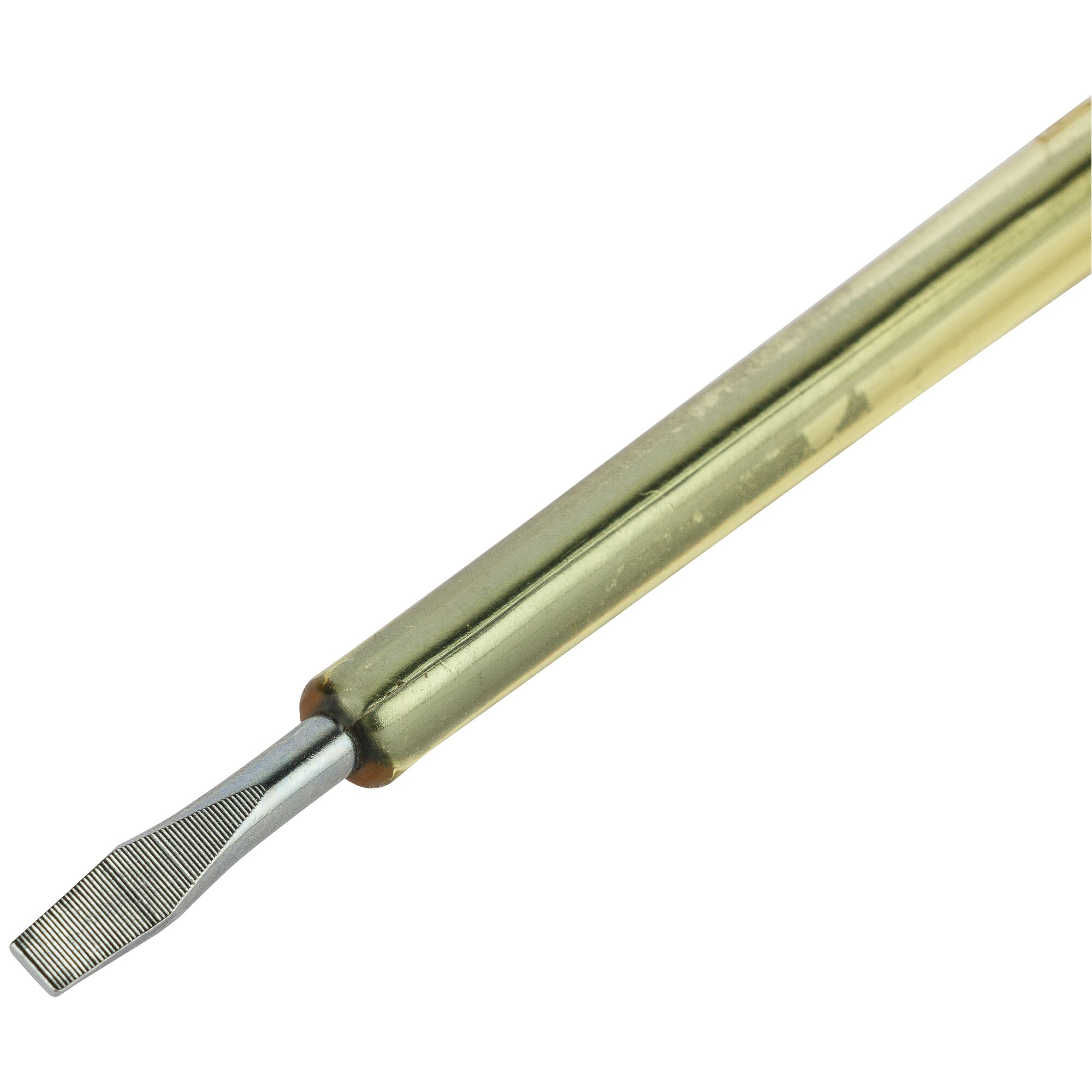 STANLEY 66-120 slotted screwdriver with gold handle, close-up angle on white background.