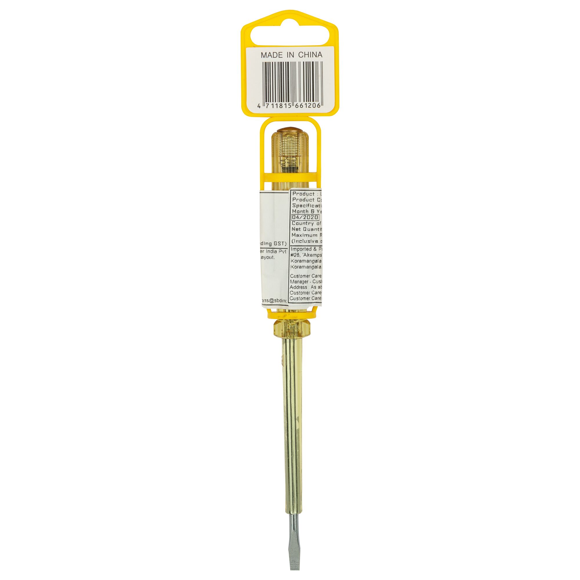 Stanley 66-120 tester screwdriver, clear handle, yellow packaging, vertical front angle photo.