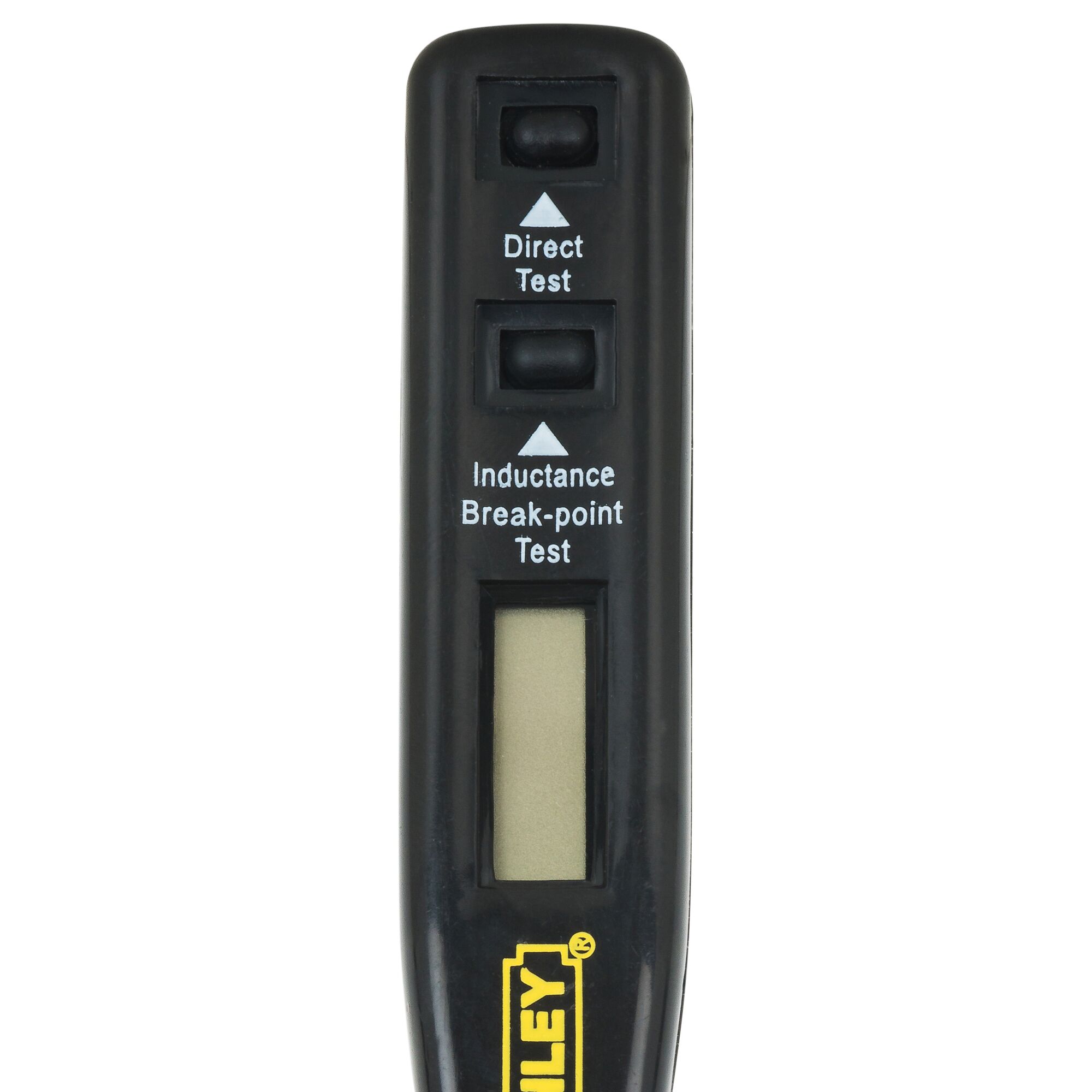 STANLEY 66-137 voltage tester pen, black, close-up front view with display and control buttons visible.