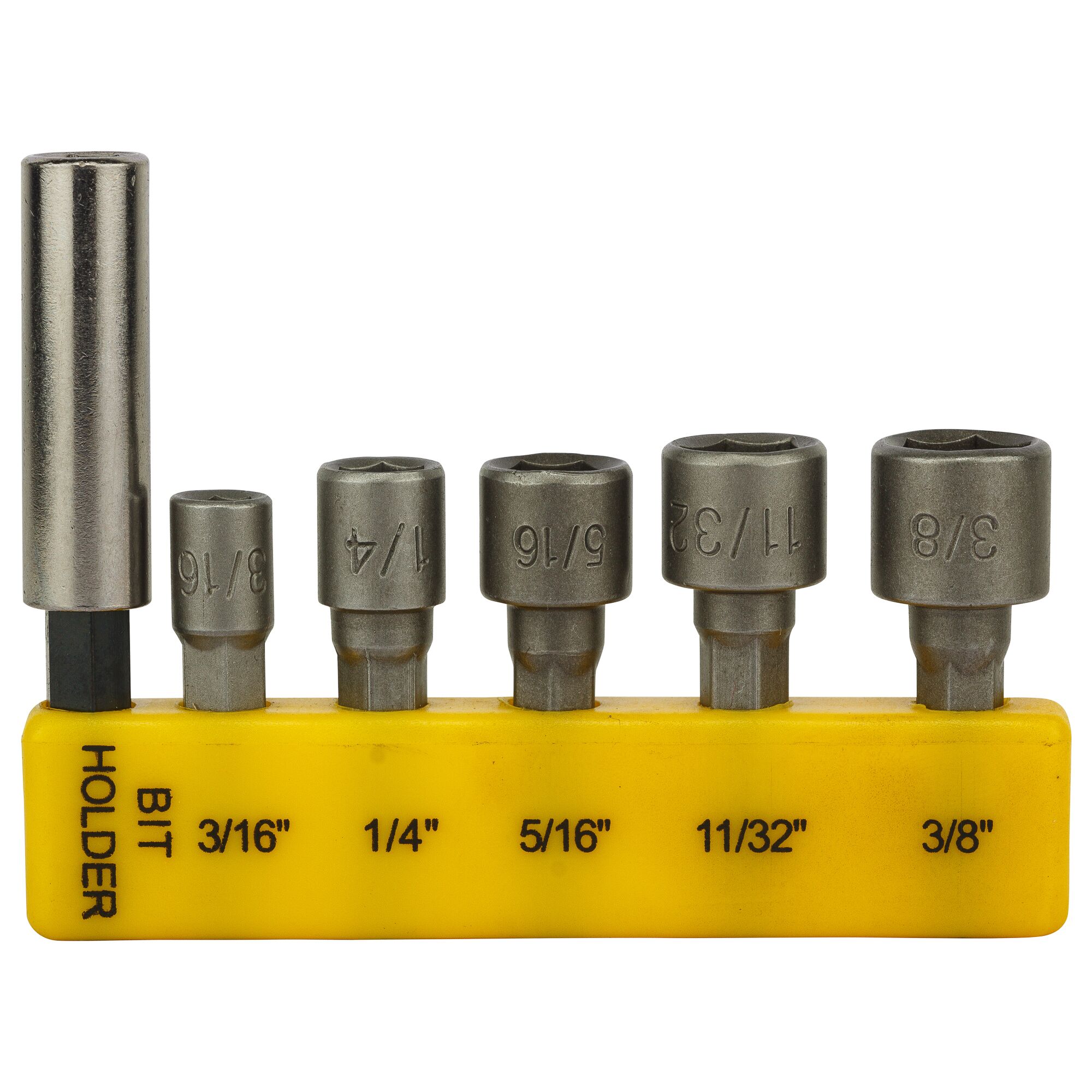 STANLEY 68-071-23 nut driver set with six bits and bit holder in yellow tray, front view on white background.