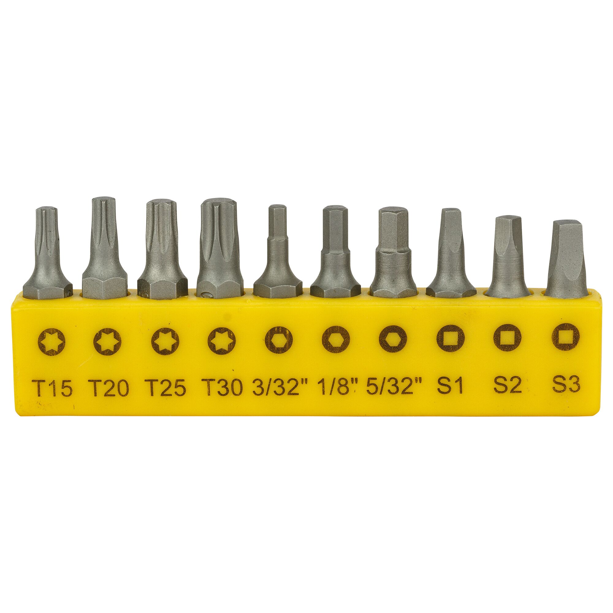 STANLEY 68-071-23 screwdriver bit set with ten metal bits in a yellow holder, product front angle.
