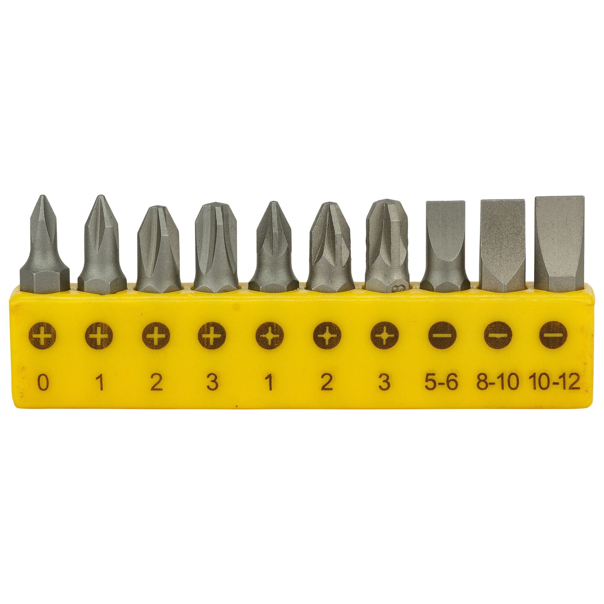 Stanley 68-071-23 screwdriver bit set, front view, yellow holder with assorted metal bits.