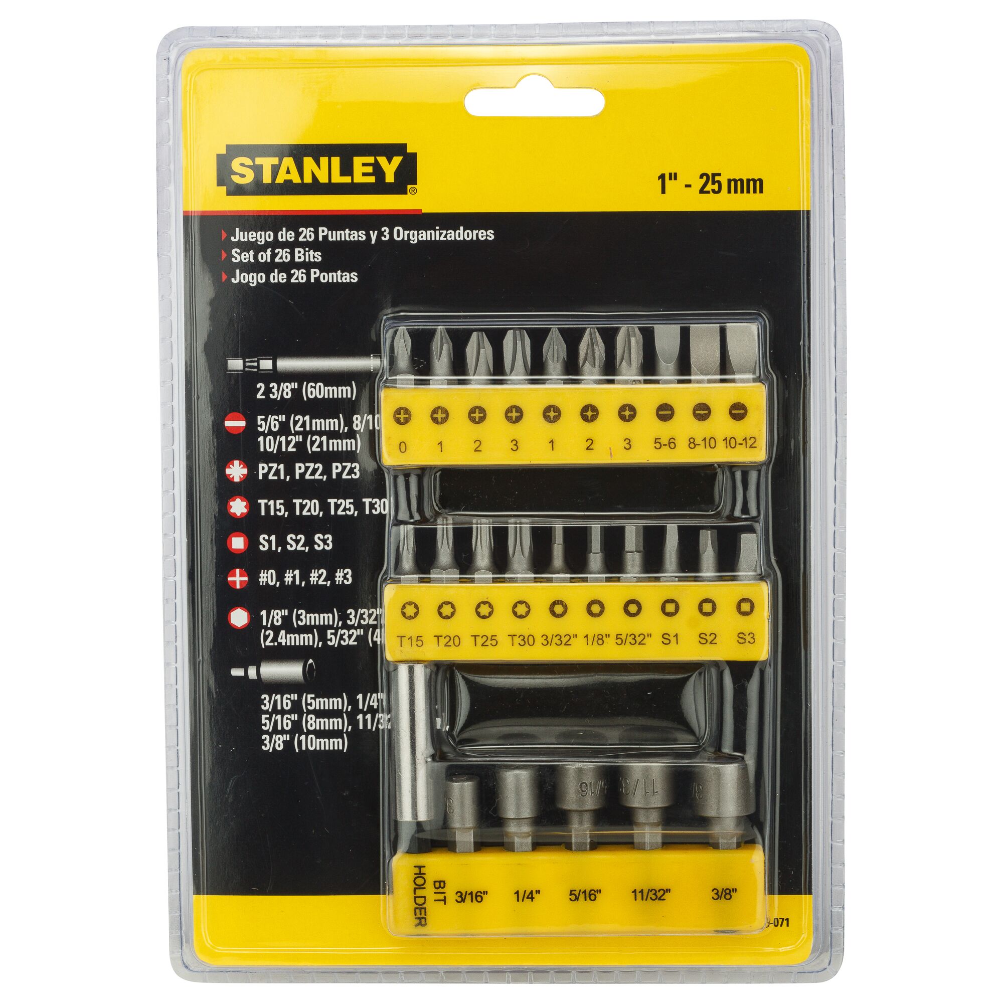 Stanley 68-071-23 photography of 26-piece screwdriver bit set with yellow organizers in retail packaging, front view.