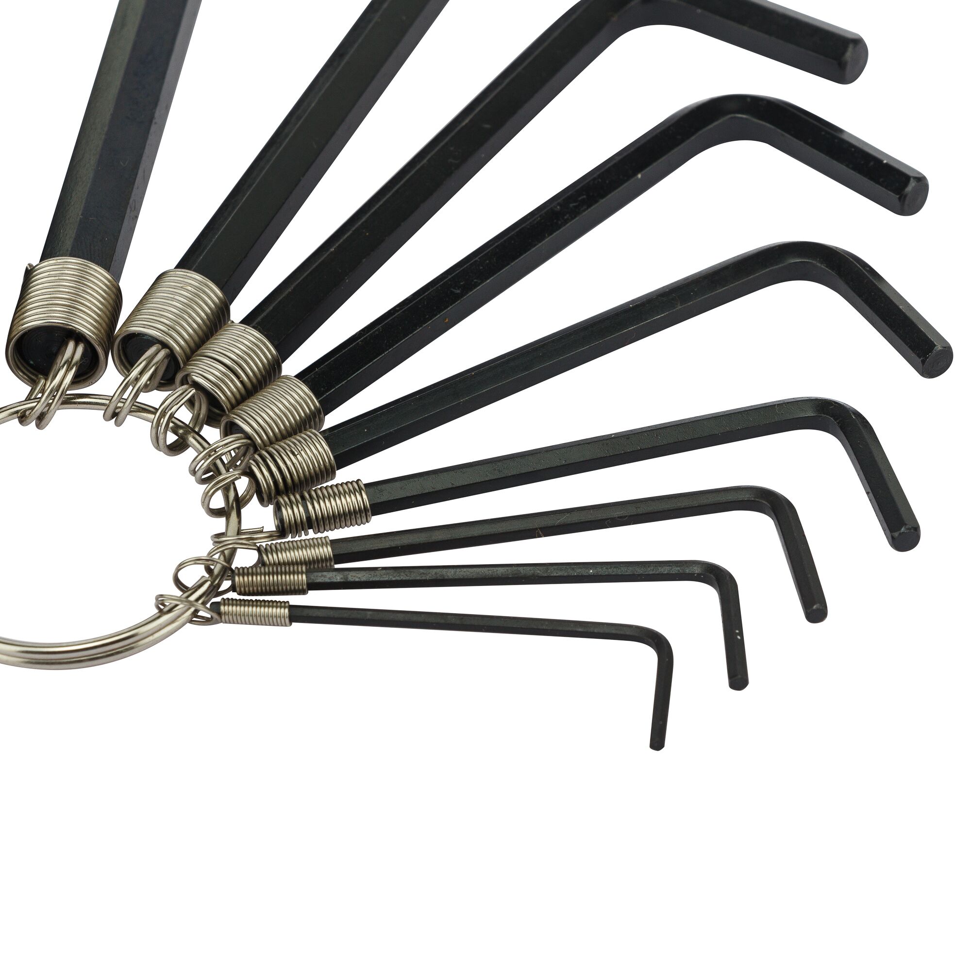 STANLEY 69-230 hex key set, nine black L-shaped hex keys on a metal ring, close-up, white background.