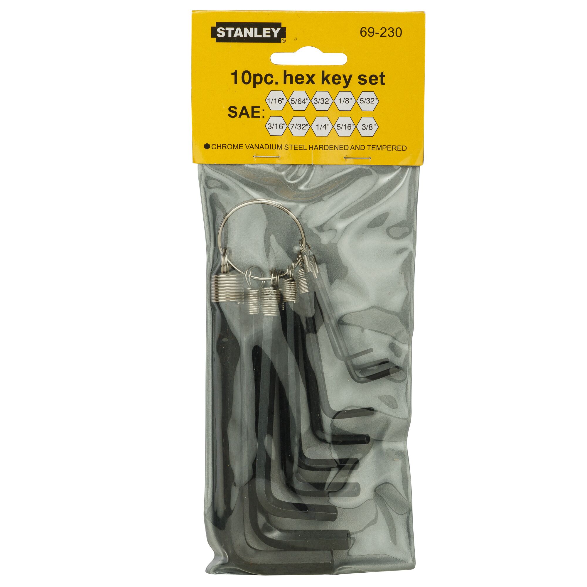 STANLEY 69-230 10-piece hex key set in clear packaging, assorted sizes, top-down view.