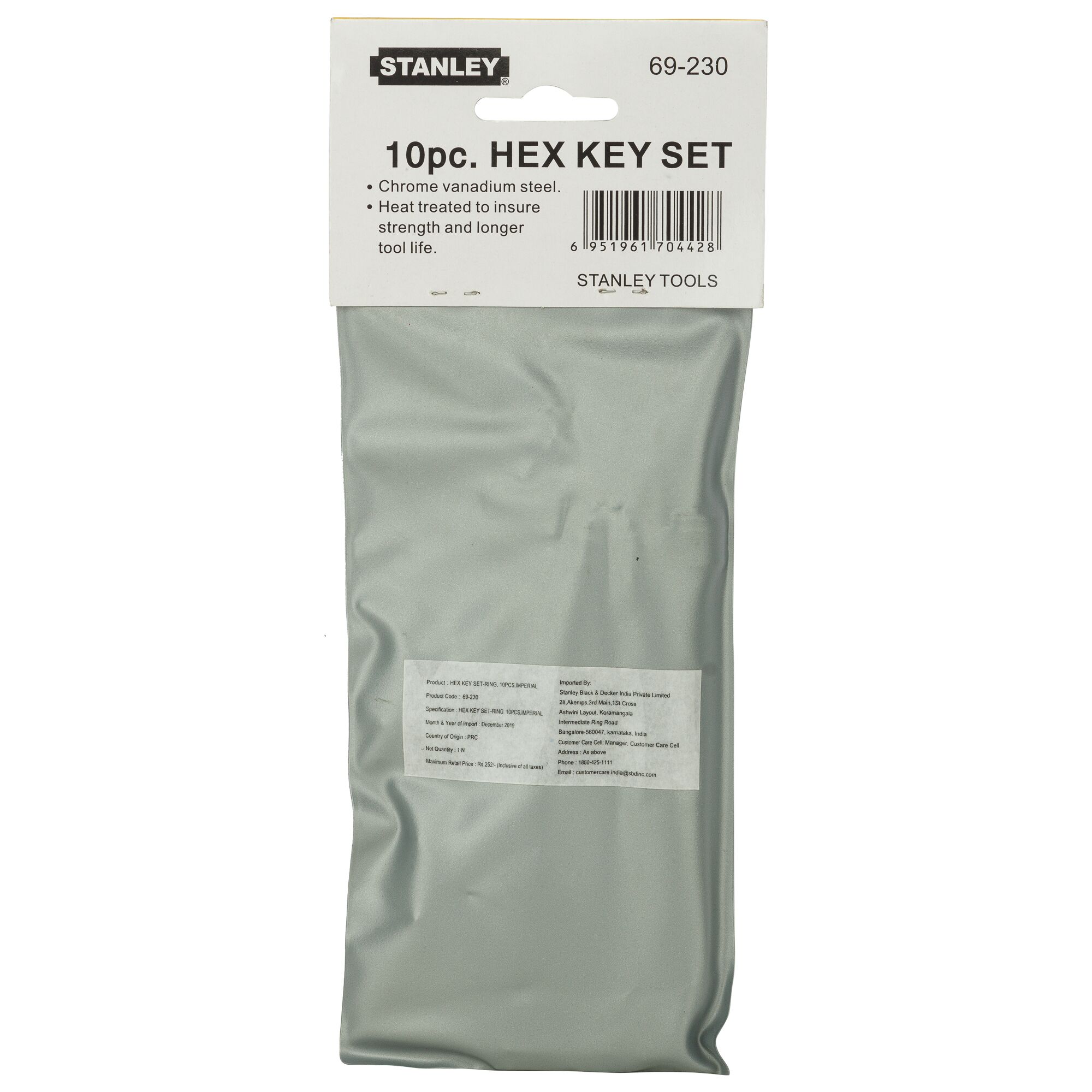 STANLEY 69-230 10-piece hex key set packaging, front view, chrome vanadium steel, white and silver colors.