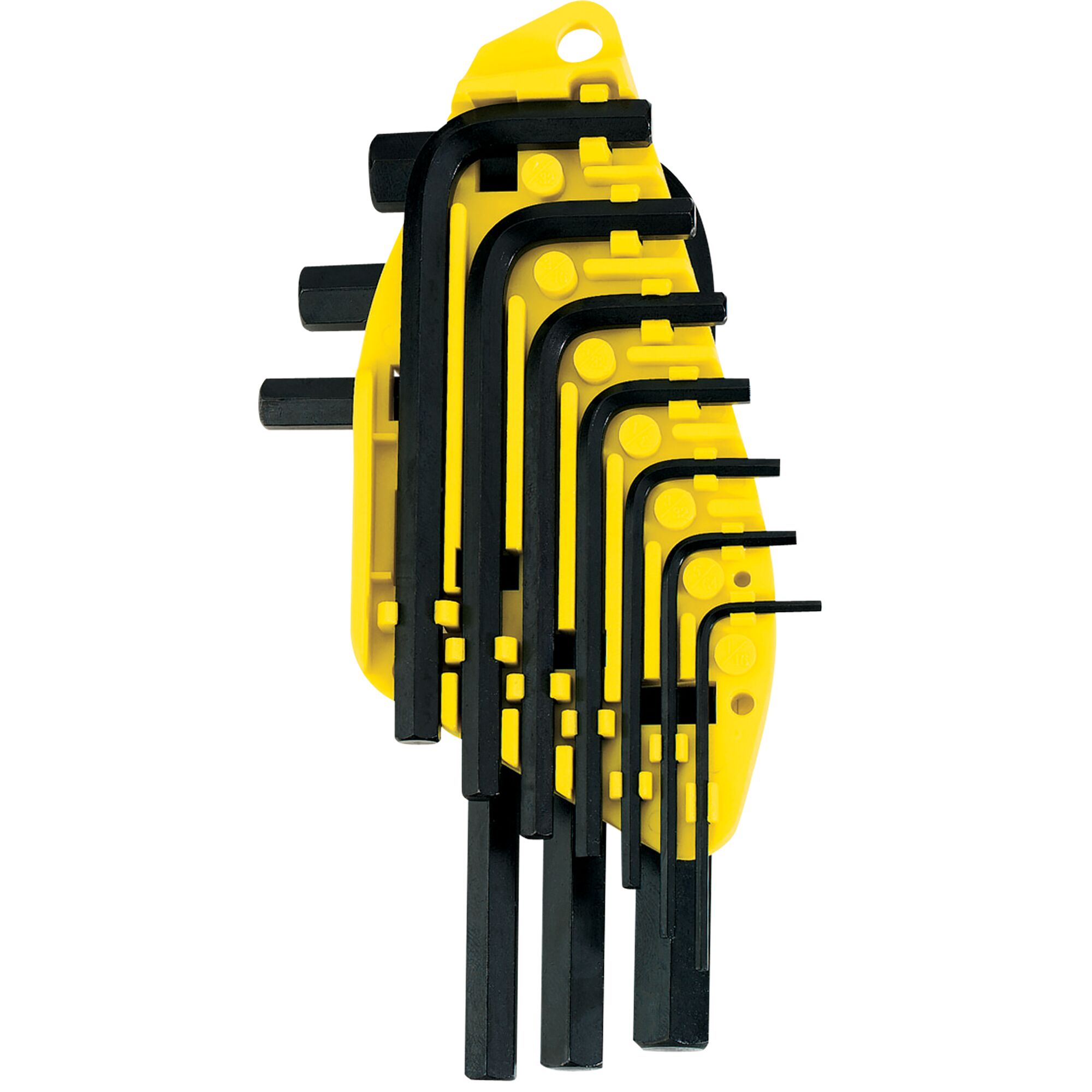 STANLEY 69-254 hex key set in yellow holder, product photography, front angle.