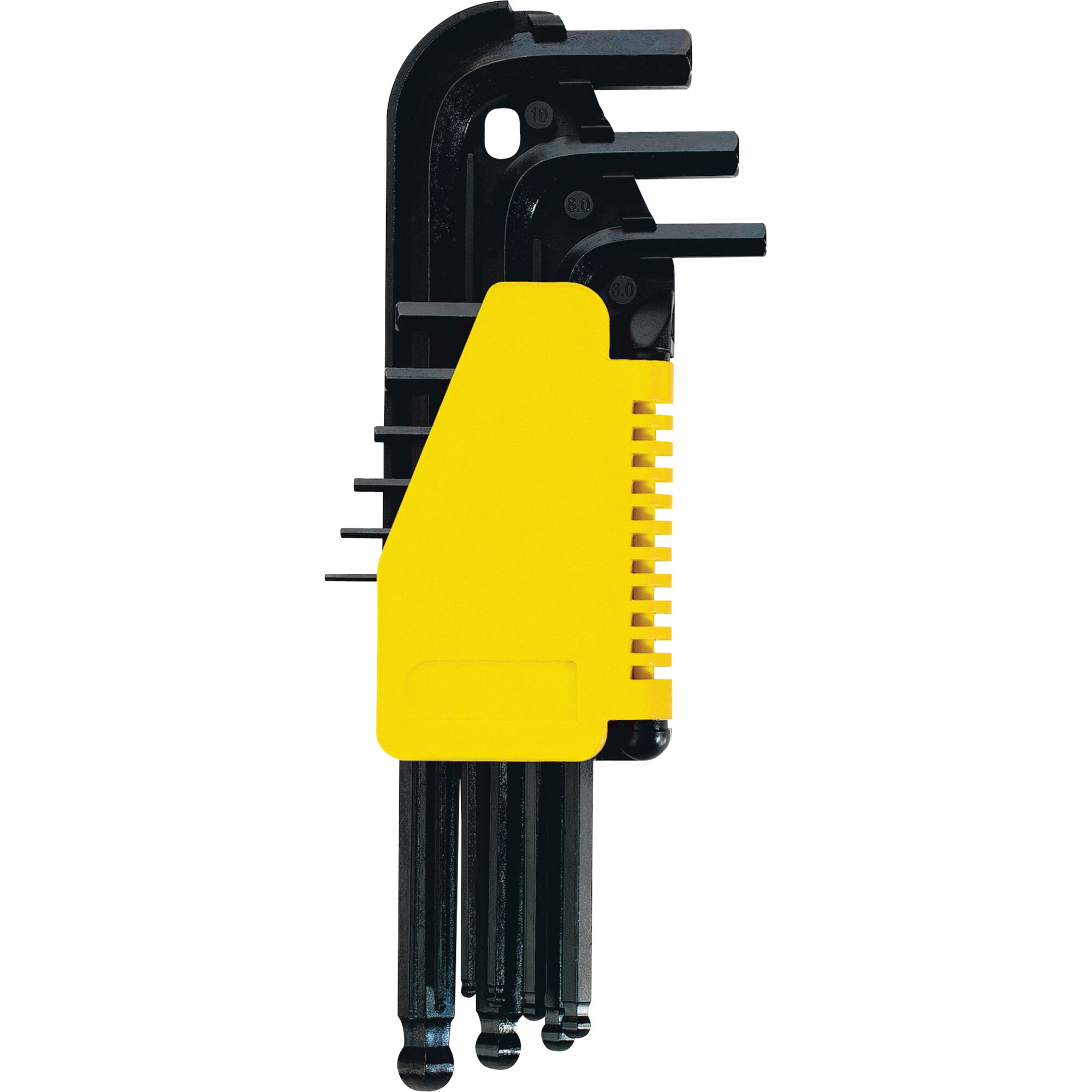 STANLEY 69-256-KR hex key set with ball ends in yellow holder, front angle, white background.