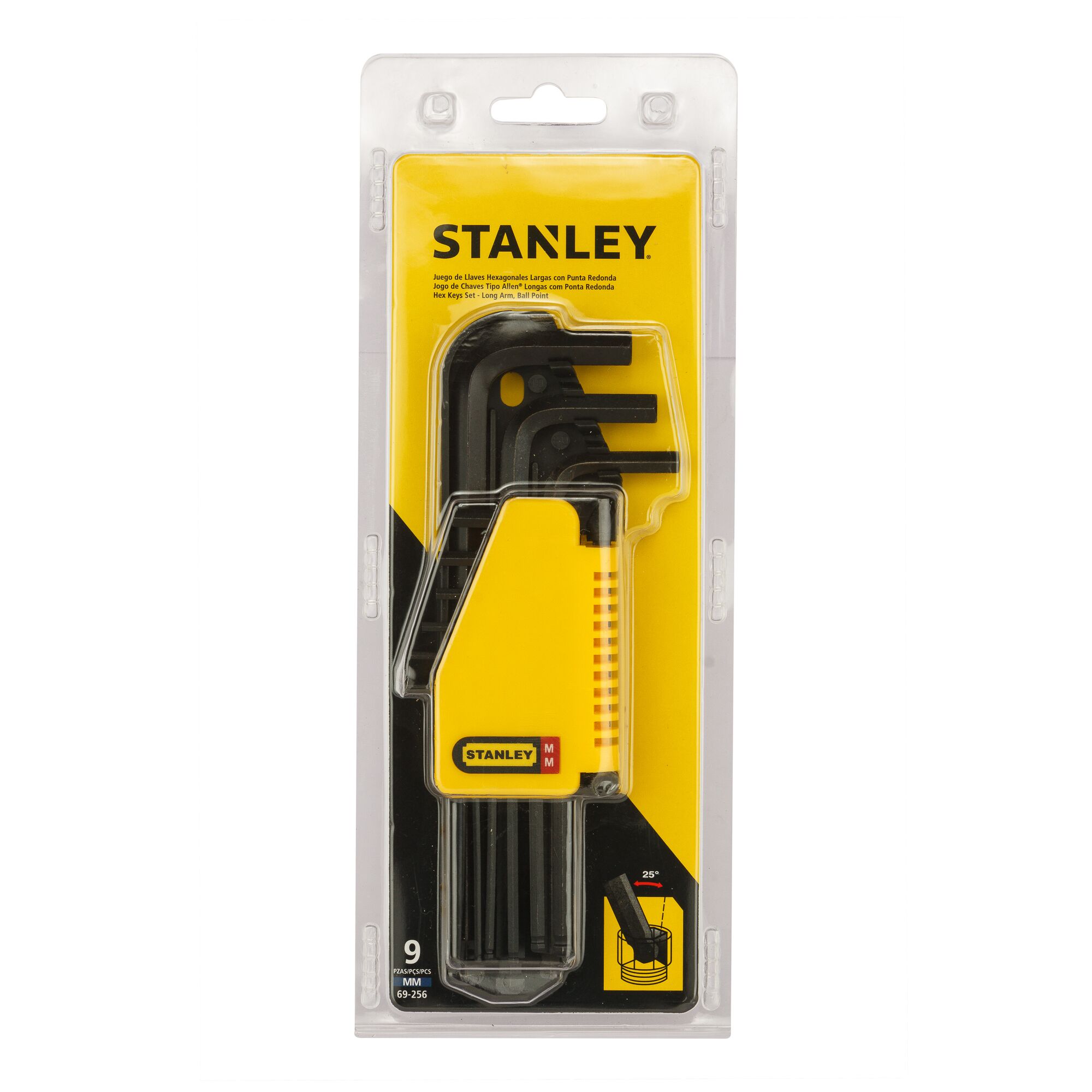 Photo of STANLEY 69-256-KR hex key set, 9 black keys in yellow holder, retail packaging, front angle.