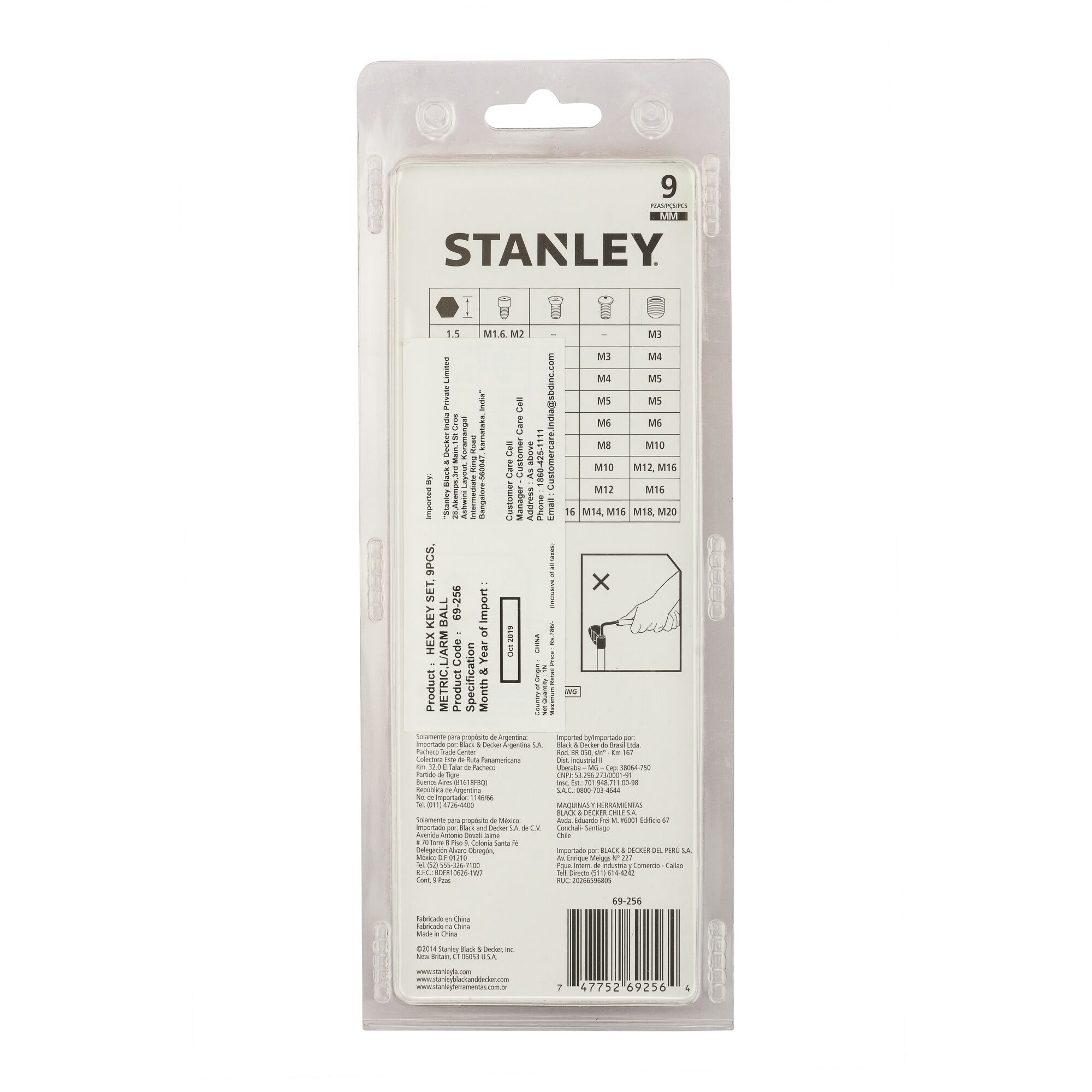 Stanley 69-256-KR hex key set packaging, back view, showing specifications chart and instructions.