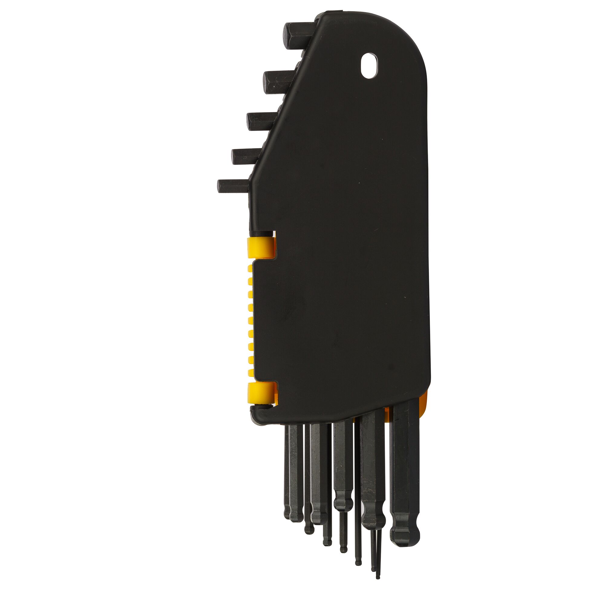 STANLEY 69-257 hex key set in black and yellow plastic holder, side view.