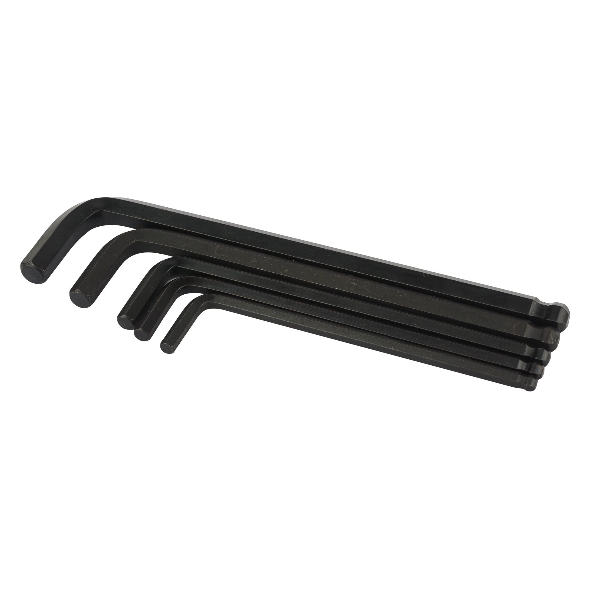 STANLEY 69-257 hex key set, five black L-shaped wrenches, top view on white background.