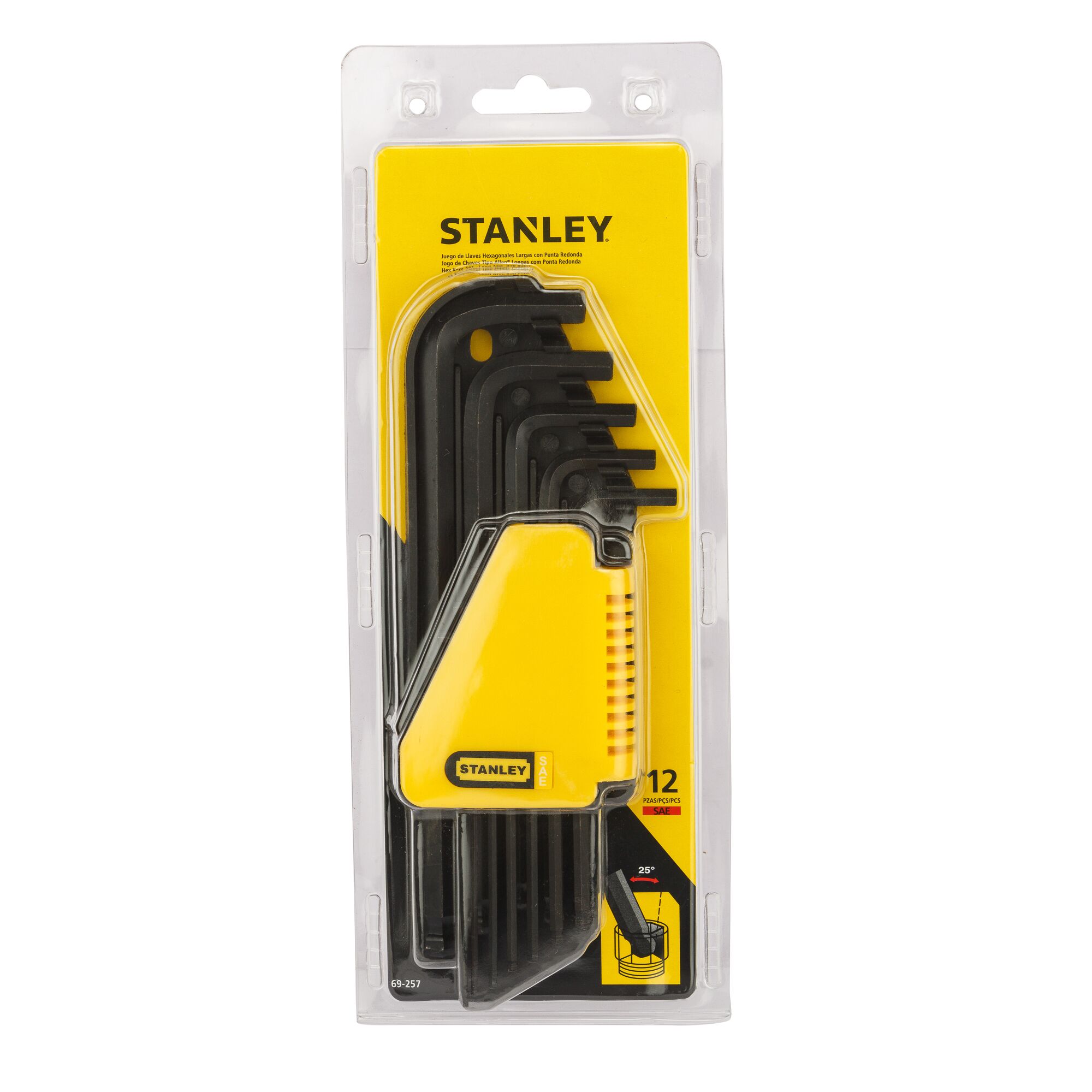 Stanley 69-257 hex key set in yellow and black plastic holder, front view on white background.