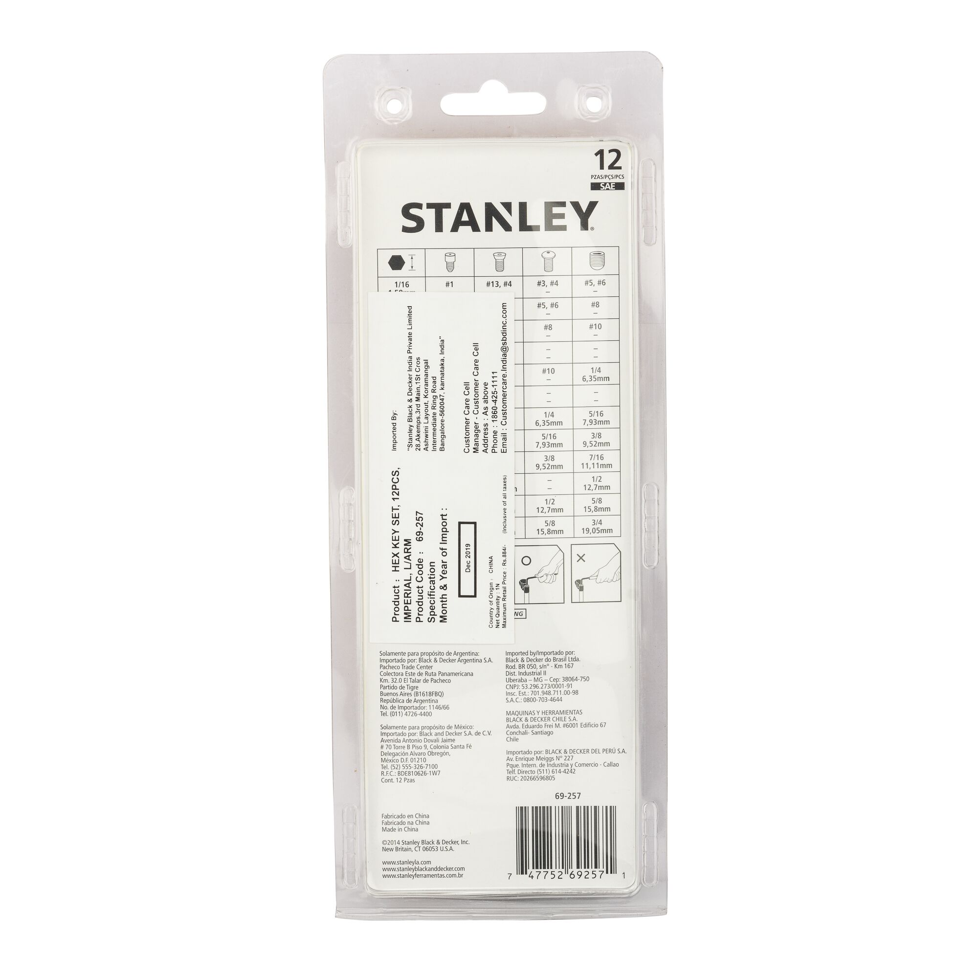 Stanley 69-257 hex key set packaging rear view, white background, showing specifications and brand logo.